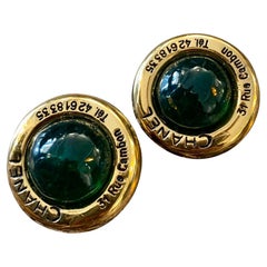 1970s Vintage CHANEL Gold Toned Cambon Green Gripoix Clip On Earrings 