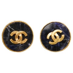 Vintage Pair of CHANEL Gold Toned Blue Marble Earclips Clip On Earrings
