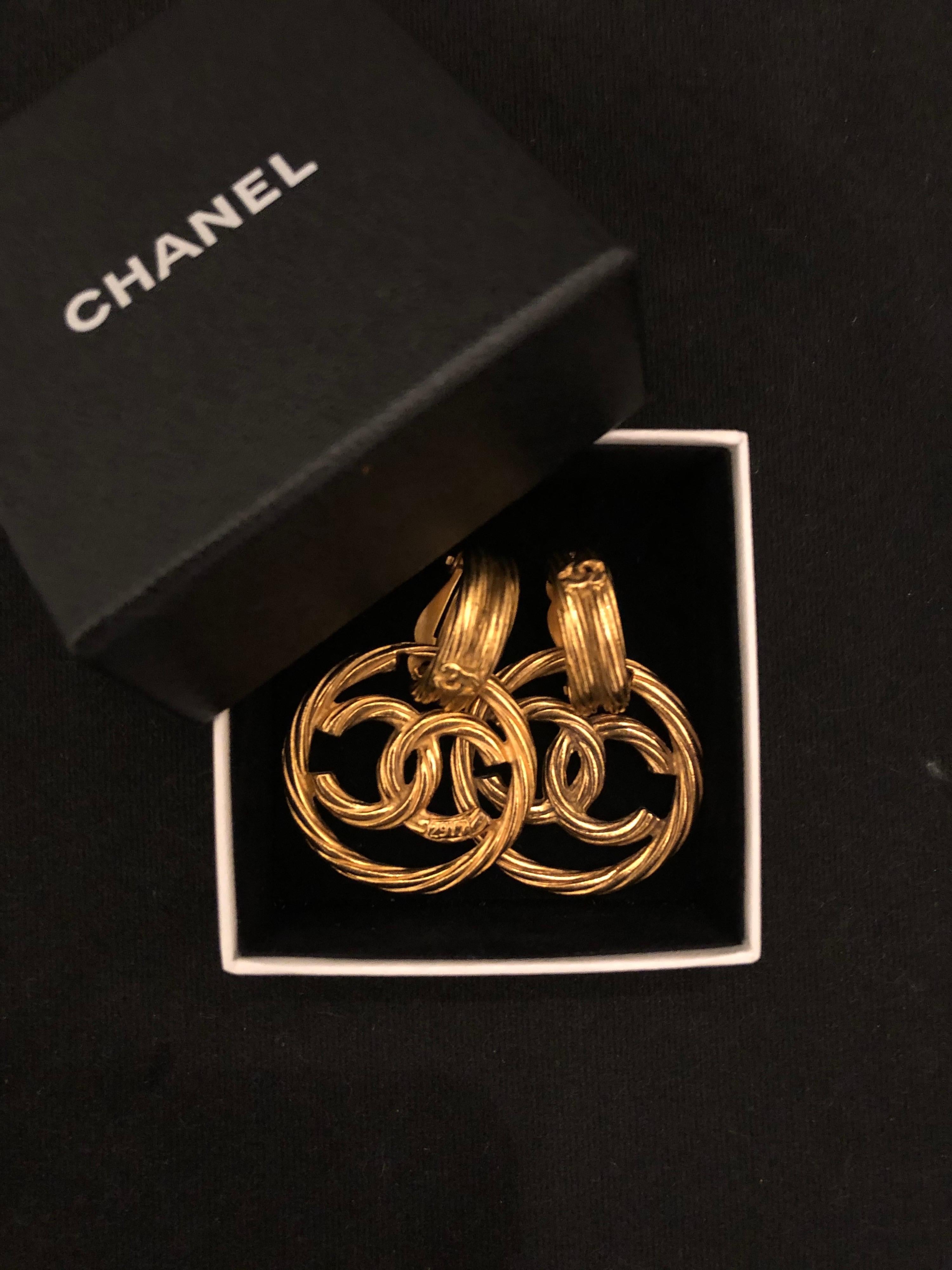 Women's Pair of CHANEL Gold Toned CC Dangle Earclips Clip On Earrings