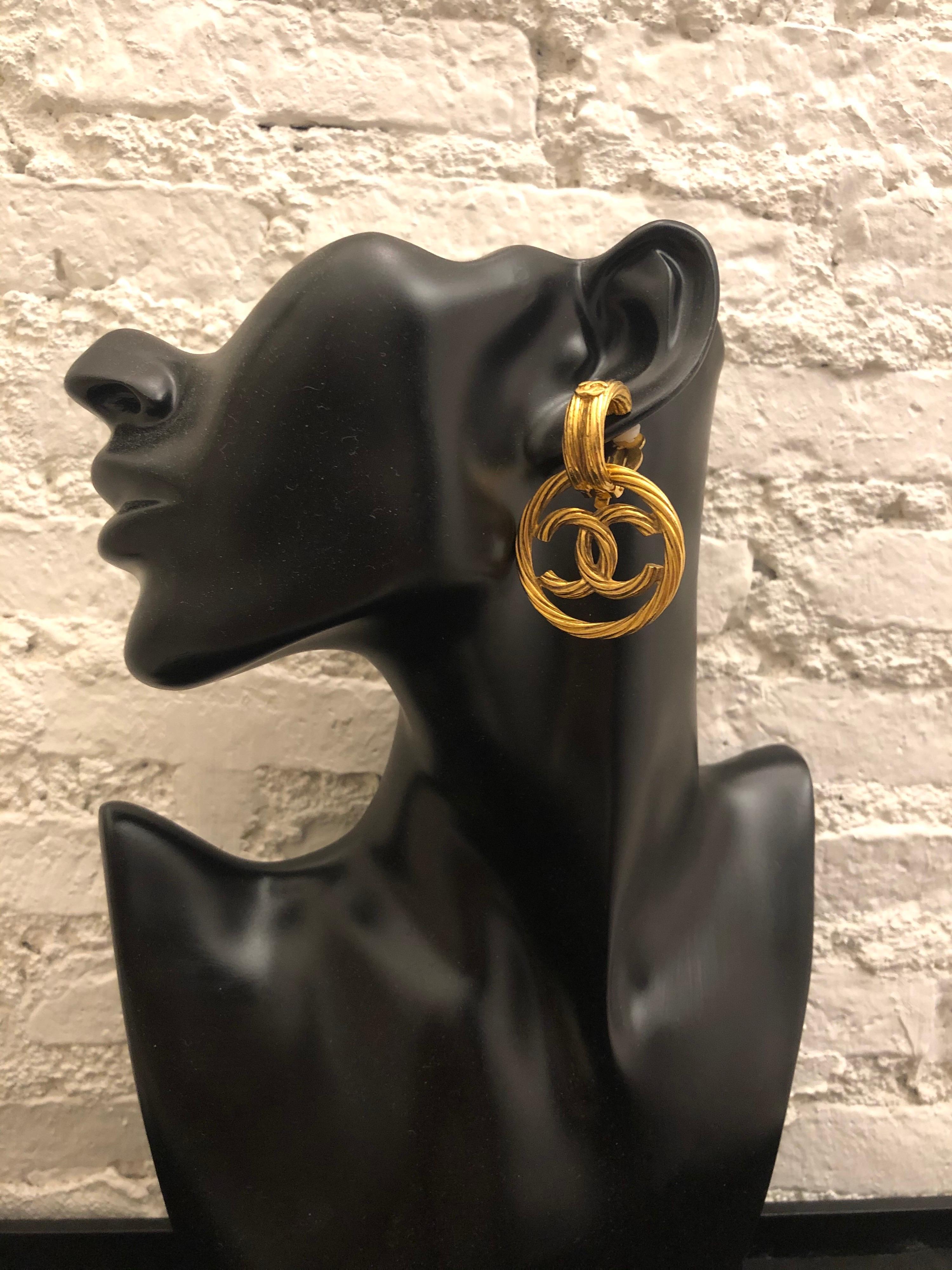 Pair of CHANEL Gold Toned CC Dangle Earclips Clip On Earrings 1