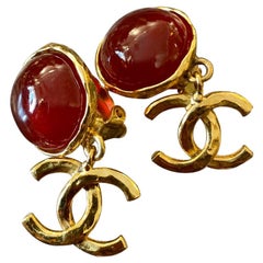 Pair of CHANEL Gold Toned Red Gripoix Dangle Earclips Clip On Earrings