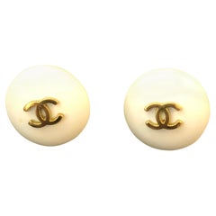 1990s Vintage CHANEL Resin Button CC Earclips Clip On Earrings Ivory