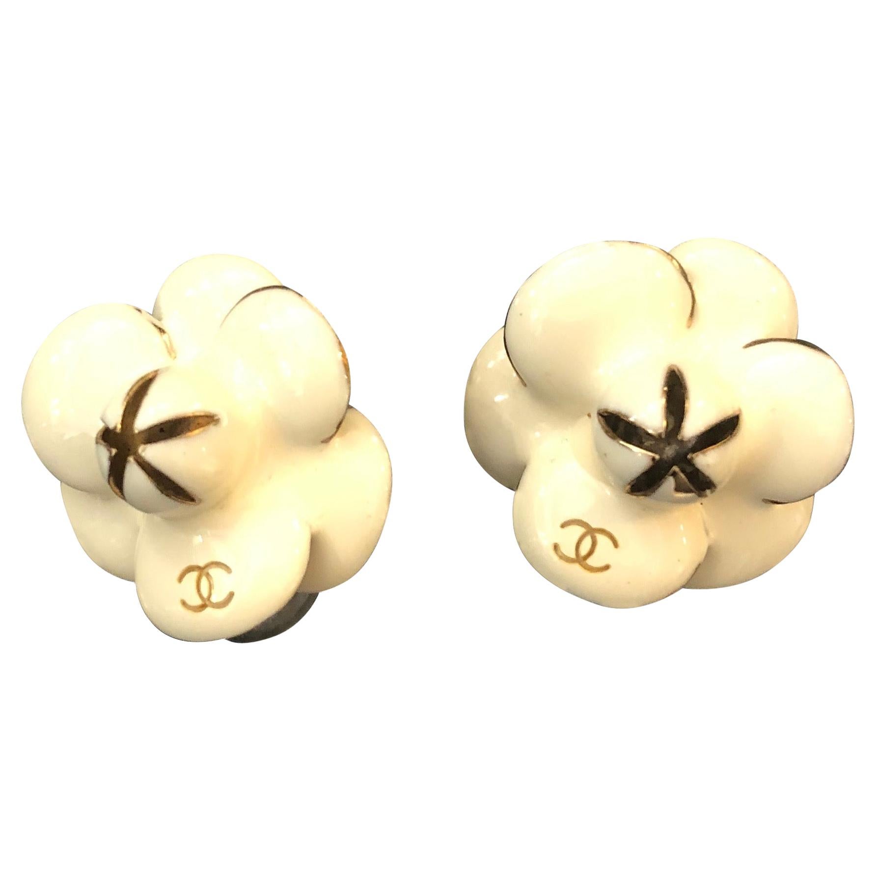 2002 Vintage Chanel White Enamel Camellia Earlips Clip On Earrings