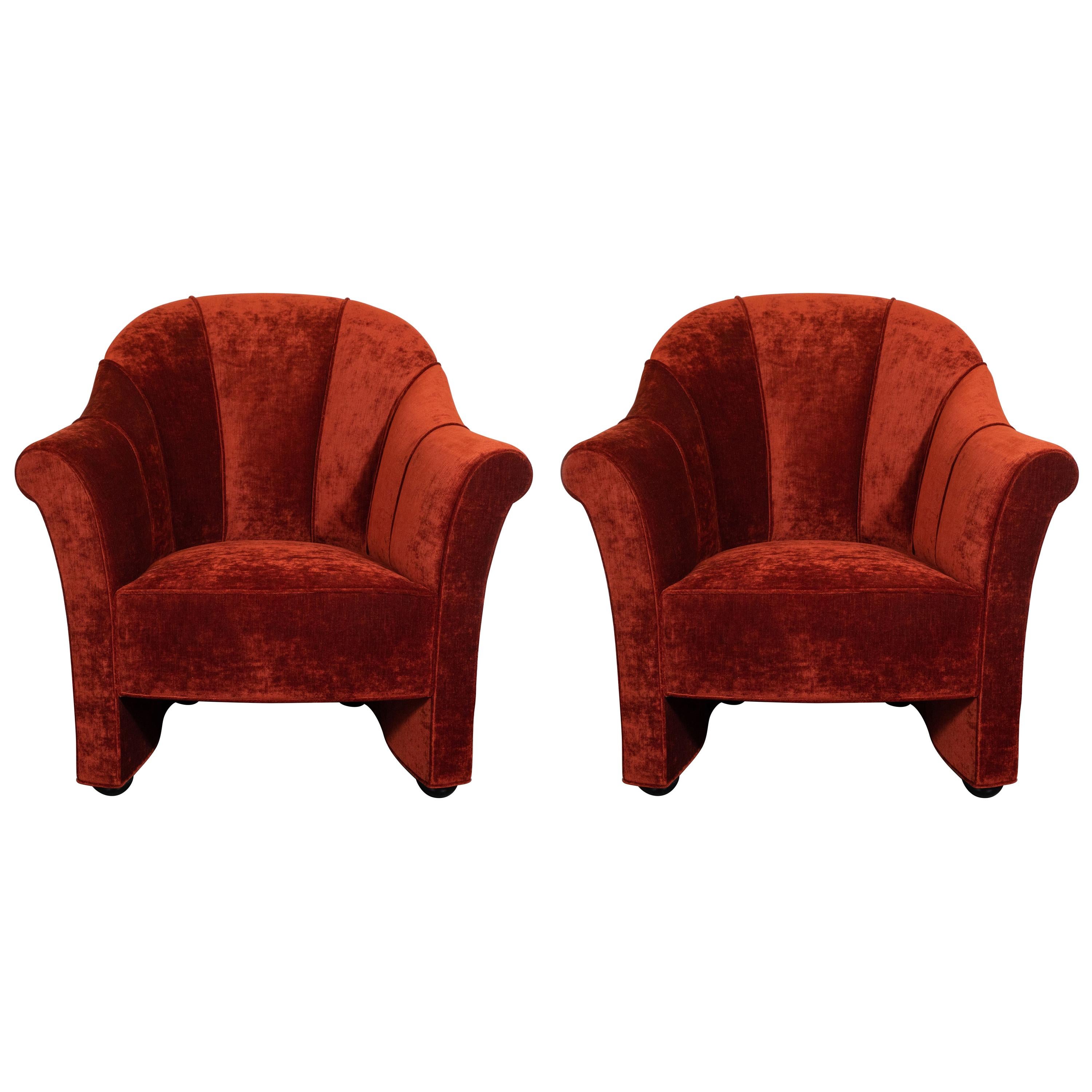 Pair of Channel Back Lounge Chairs in Smoked Ruby Velvet by Josef Hoffman