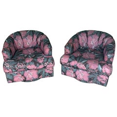 Pair of Channel Back Upholstered Swivel Club Chairs