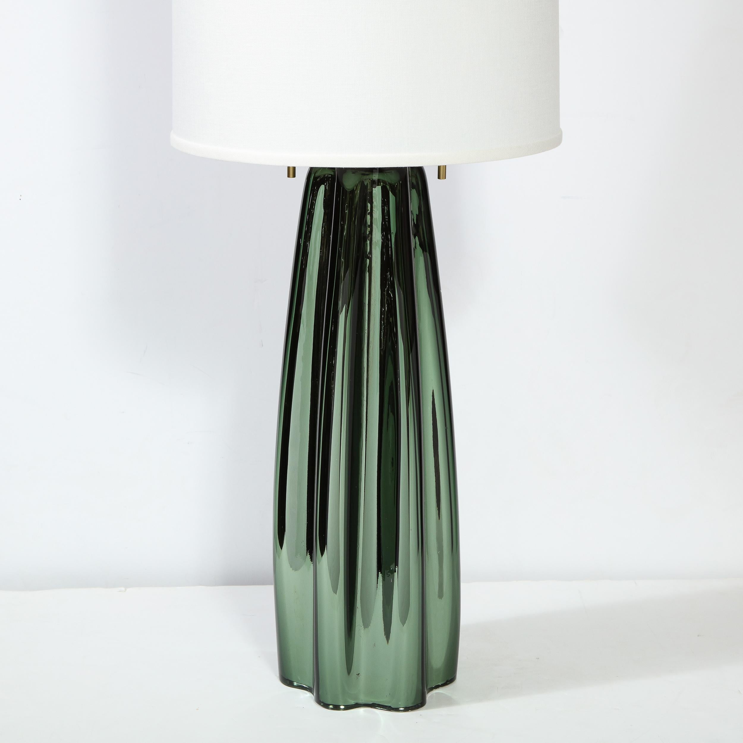 Modern Pair of Channel Form Handblown Murano Iridiscent Viridian Green Table Lamps For Sale