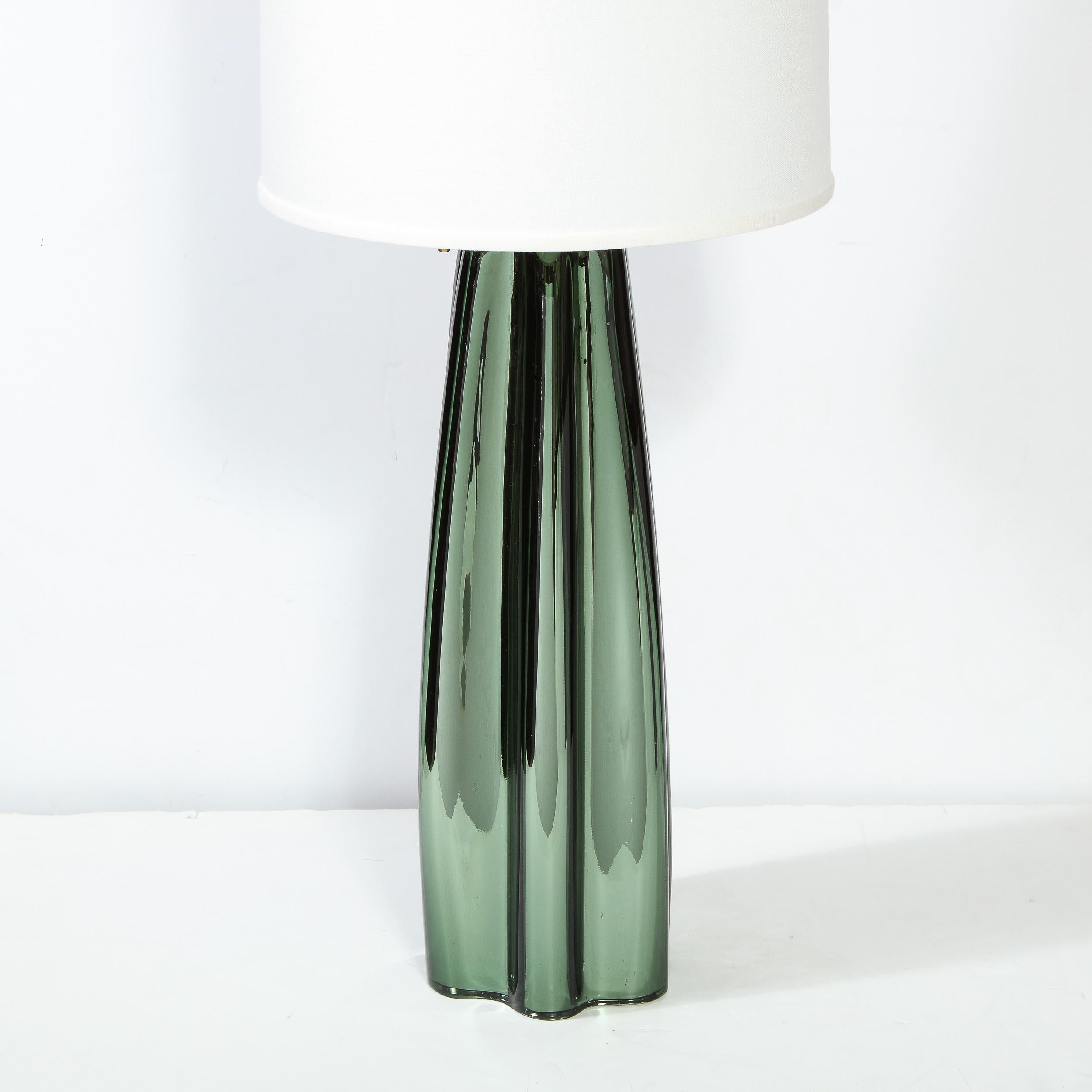 Italian Pair of Channel Form Handblown Murano Iridiscent Viridian Green Table Lamps For Sale