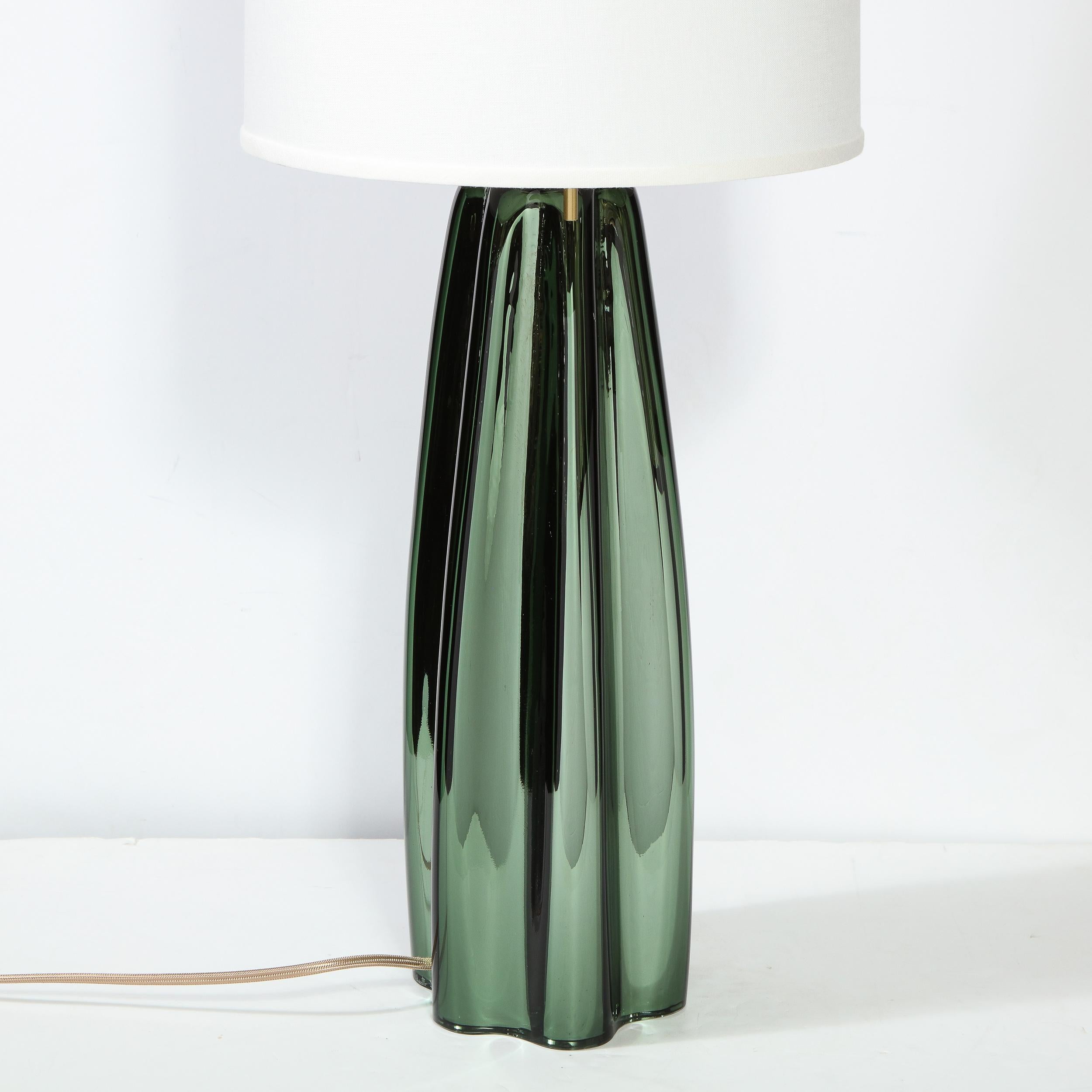 Contemporary Pair of Channel Form Handblown Murano Iridiscent Viridian Green Table Lamps For Sale