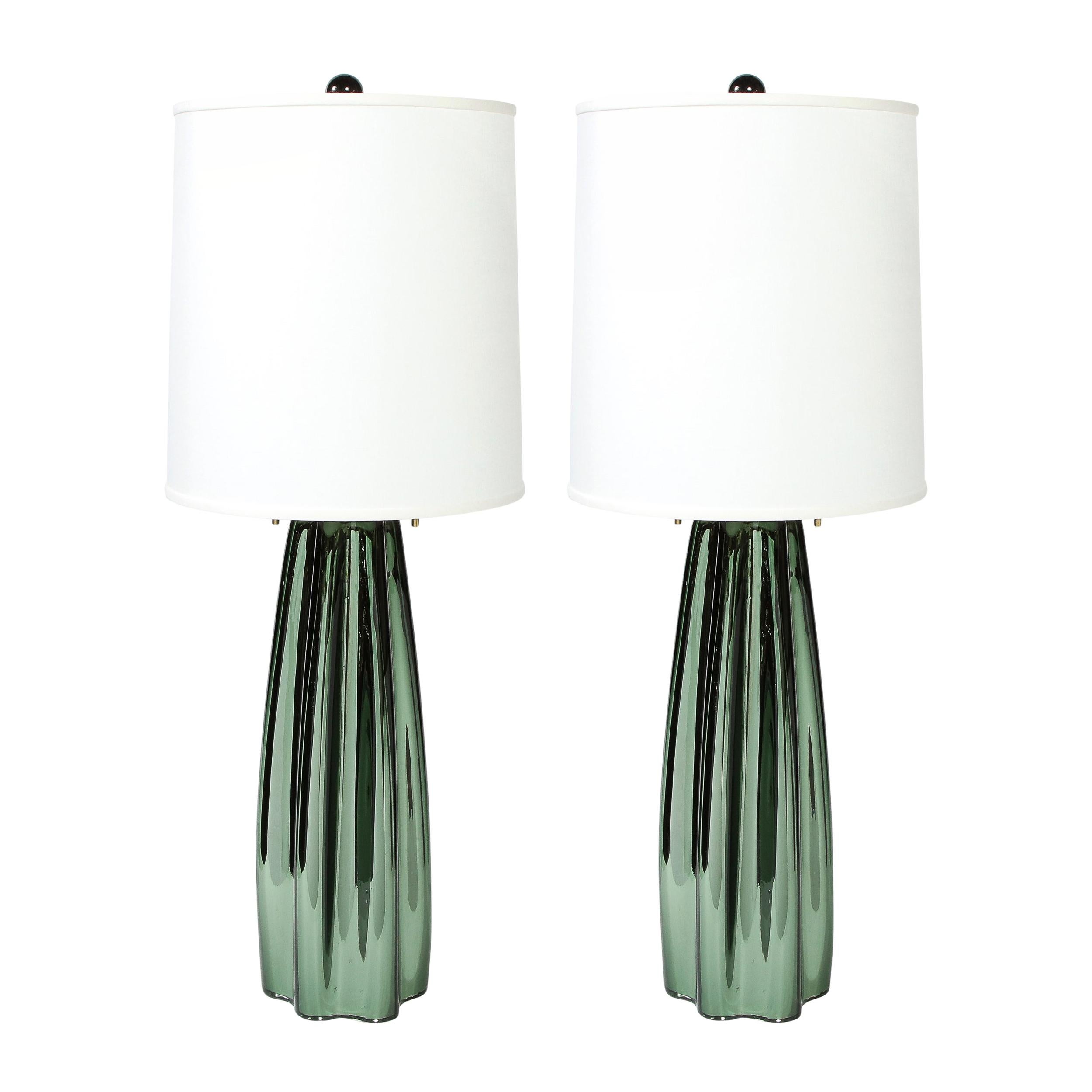 Pair of Channel Form Handblown Murano Iridiscent Viridian Green Table Lamps