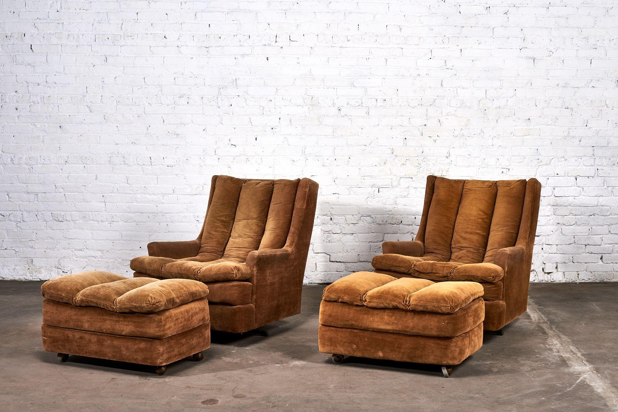 Mid-Century Modern Pair of Channel Tufted Swivel Lounges with Rolling Ottomans, 1960 For Sale