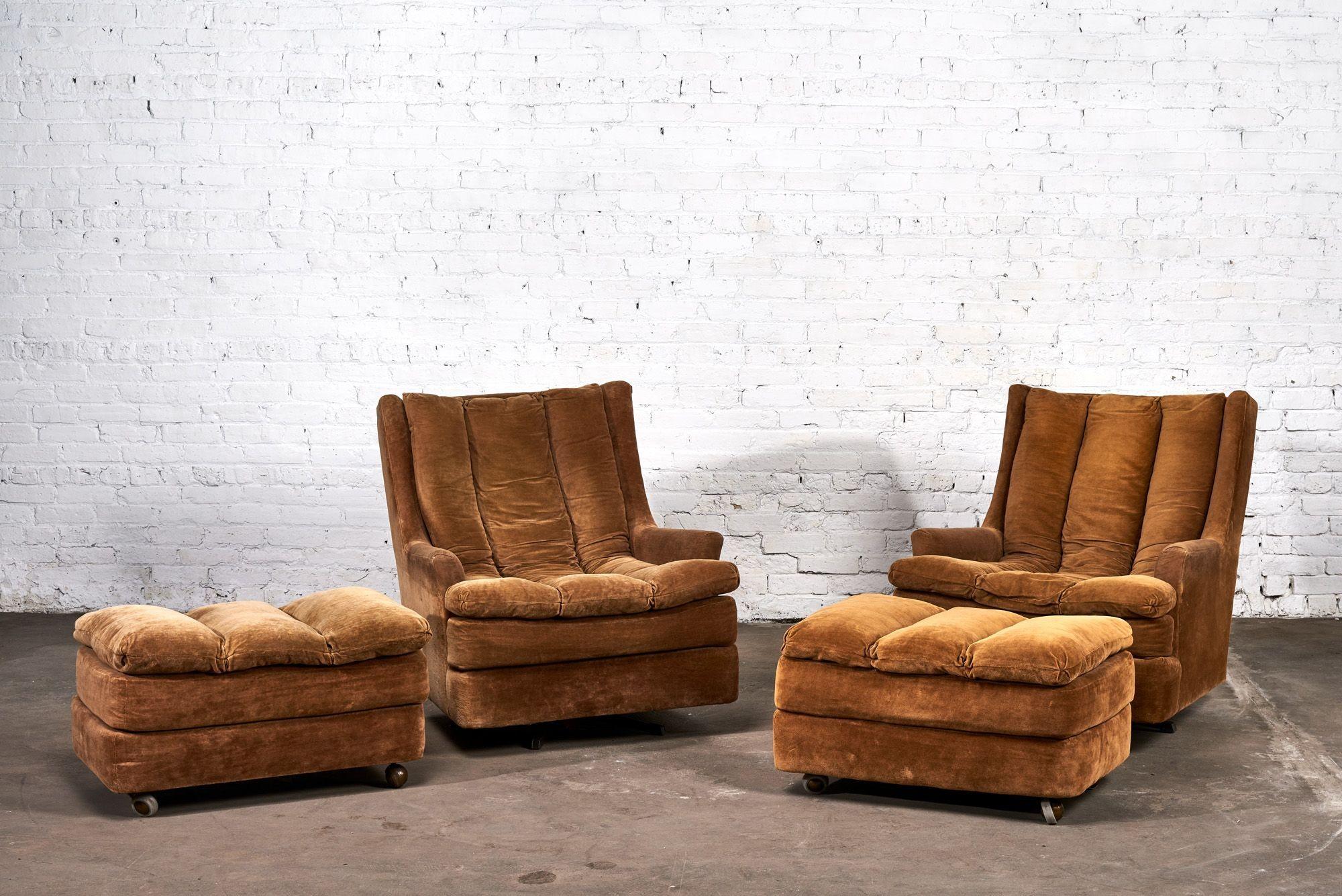 Pair of Channel Tufted Swivel Lounges with Rolling Ottomans, 1960 In Good Condition For Sale In Chicago, IL