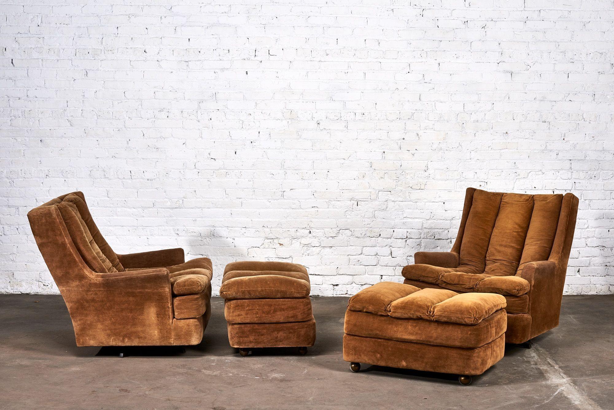 Mid-20th Century Pair of Channel Tufted Swivel Lounges with Rolling Ottomans, 1960 For Sale