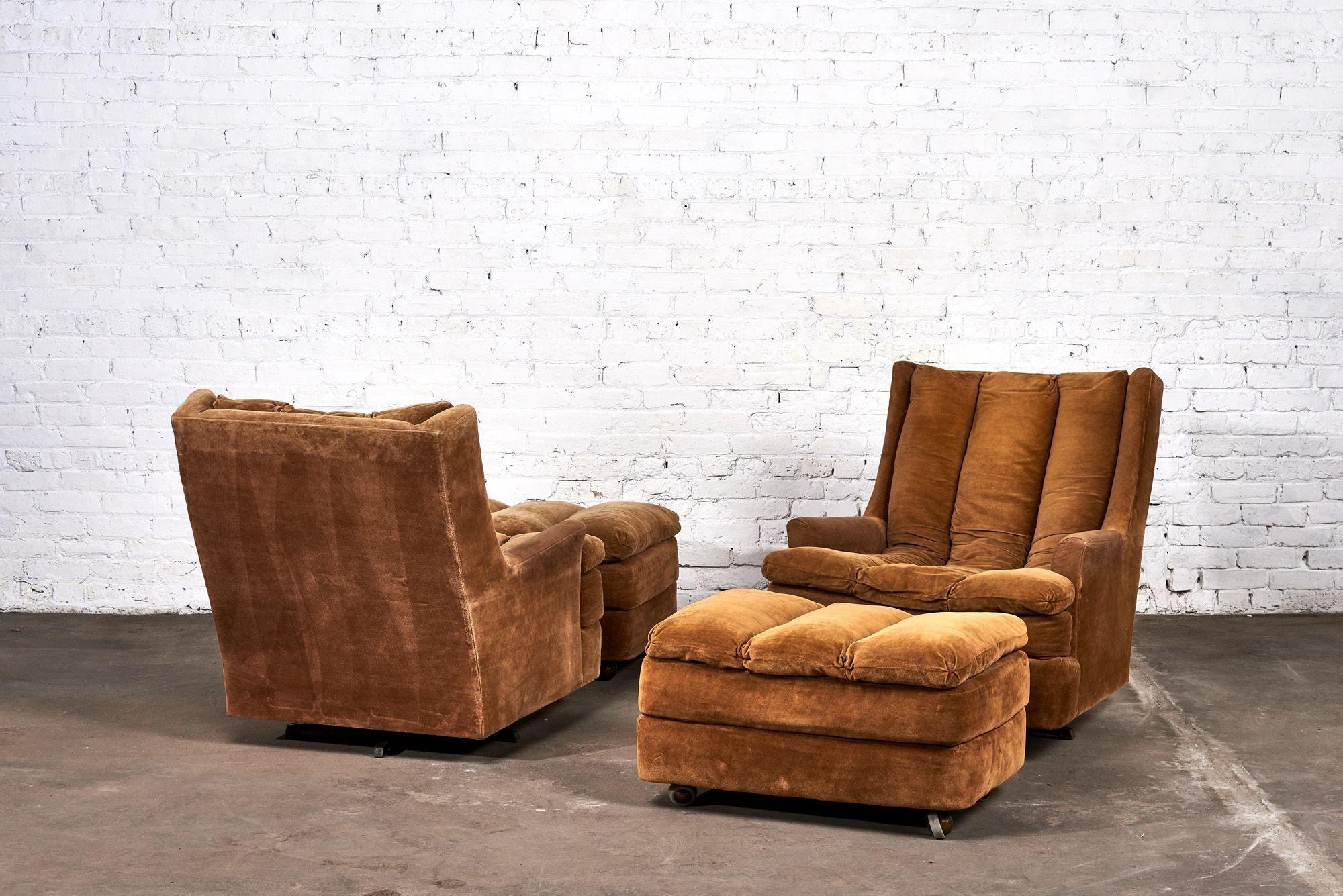 Pair of Channel Tufted Swivel Lounges with Rolling Ottomans, 1960 For Sale 1