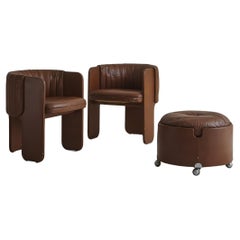 Retro Pair of Channeled Accent Chairs with Pouf by Luigi Massoni for Poltrona Frau