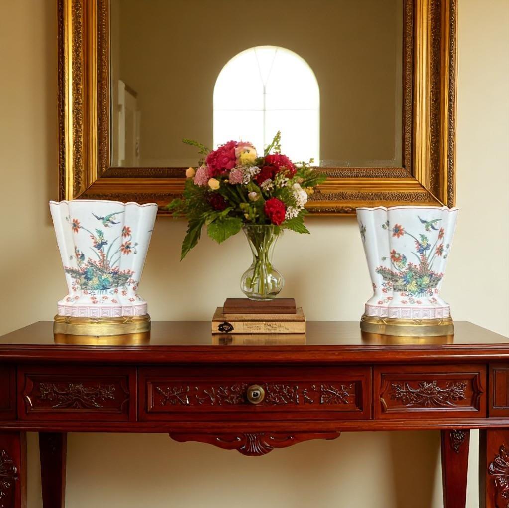 Napoleon III Pair Of Polylobed Chantilly Porcelain Vases Mounted Gilt Bronze, 19th century For Sale