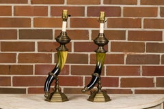 Pair of Chapman 1970s Faux Horn and Brass Table Lamps, Wired for the USA