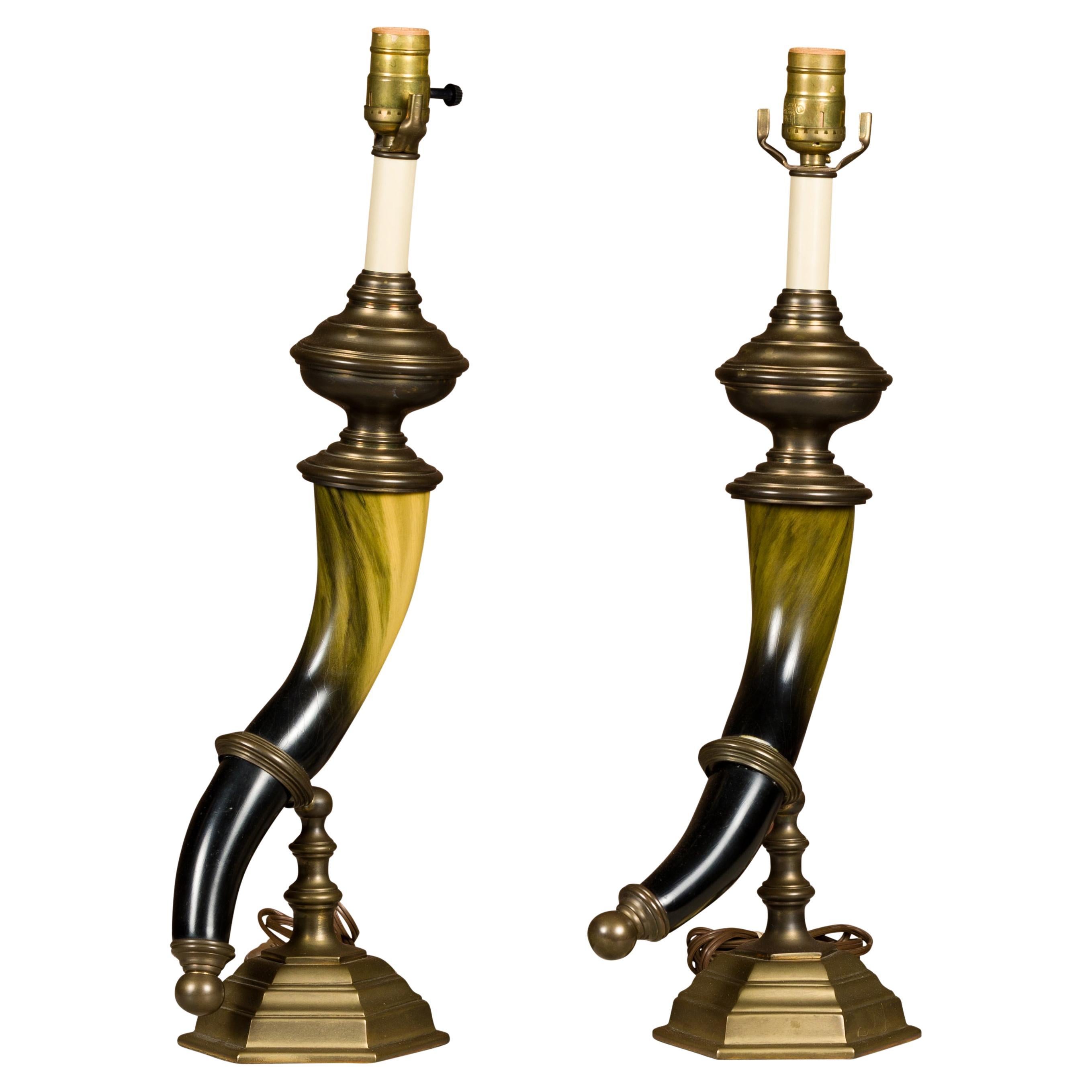 Pair of Chapman 1970s Faux Horn and Brass Table Lamps, Wired for the USA For Sale