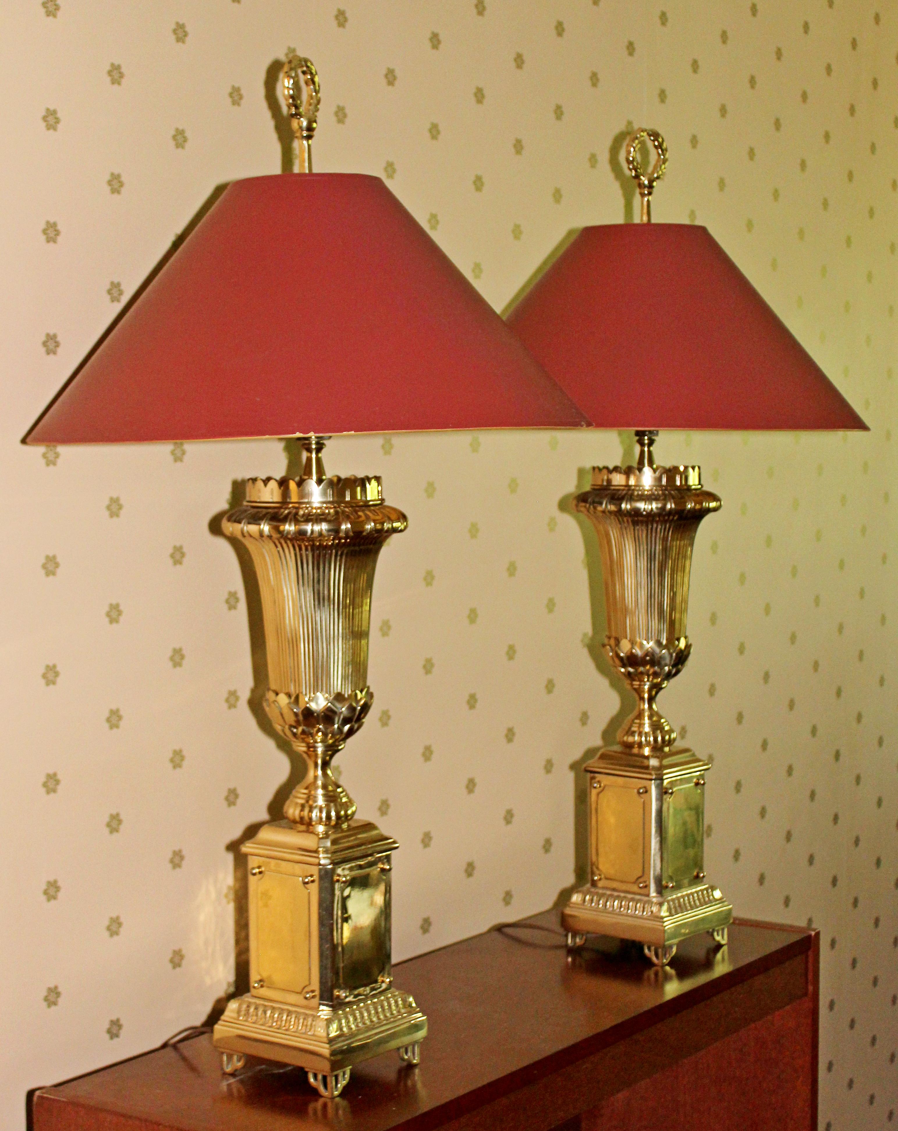 American Pair of Chapman Art Deco Style Tall Brass Table Lamps Original Finials