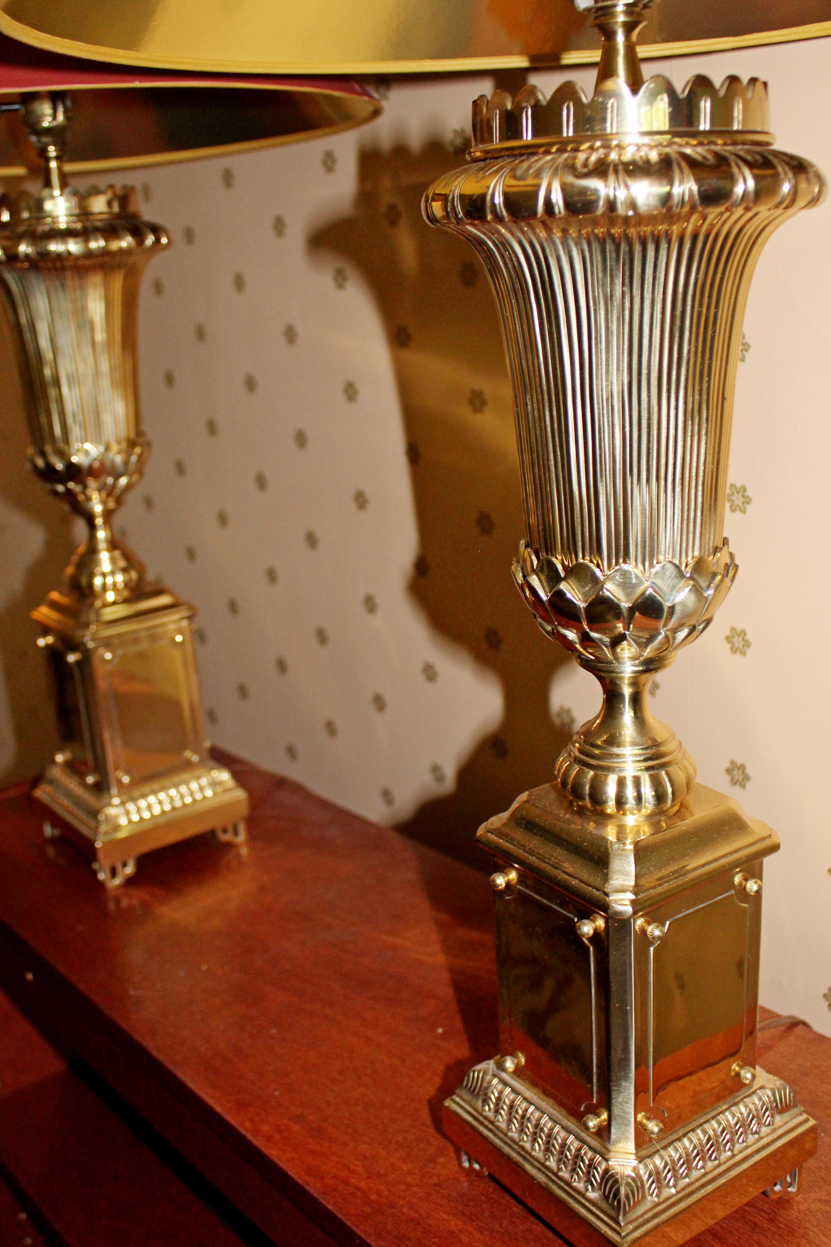 Pair of Chapman Art Deco Style Tall Brass Table Lamps Original Finials 1