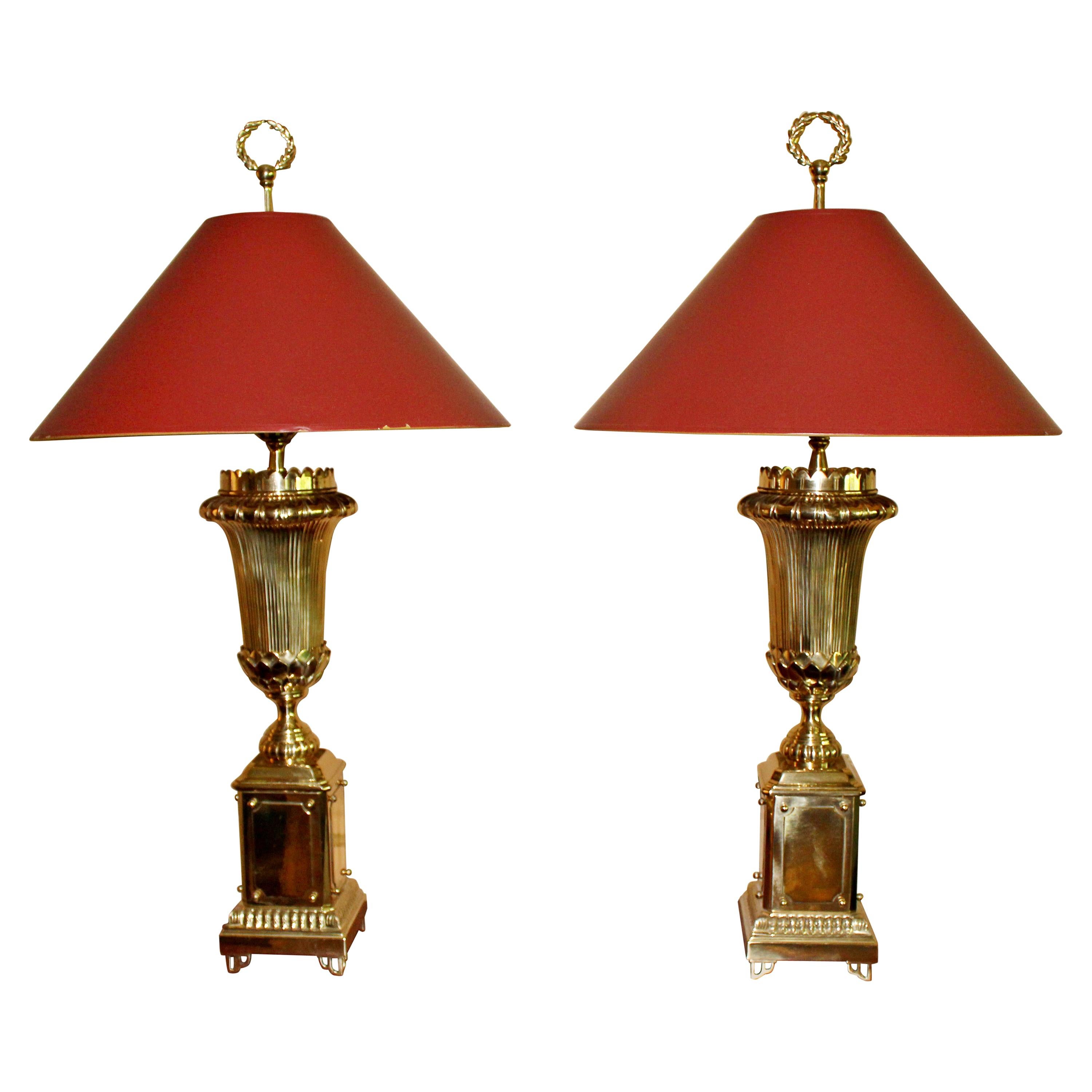 Pair of Chapman Art Deco Style Tall Brass Table Lamps Original Finials