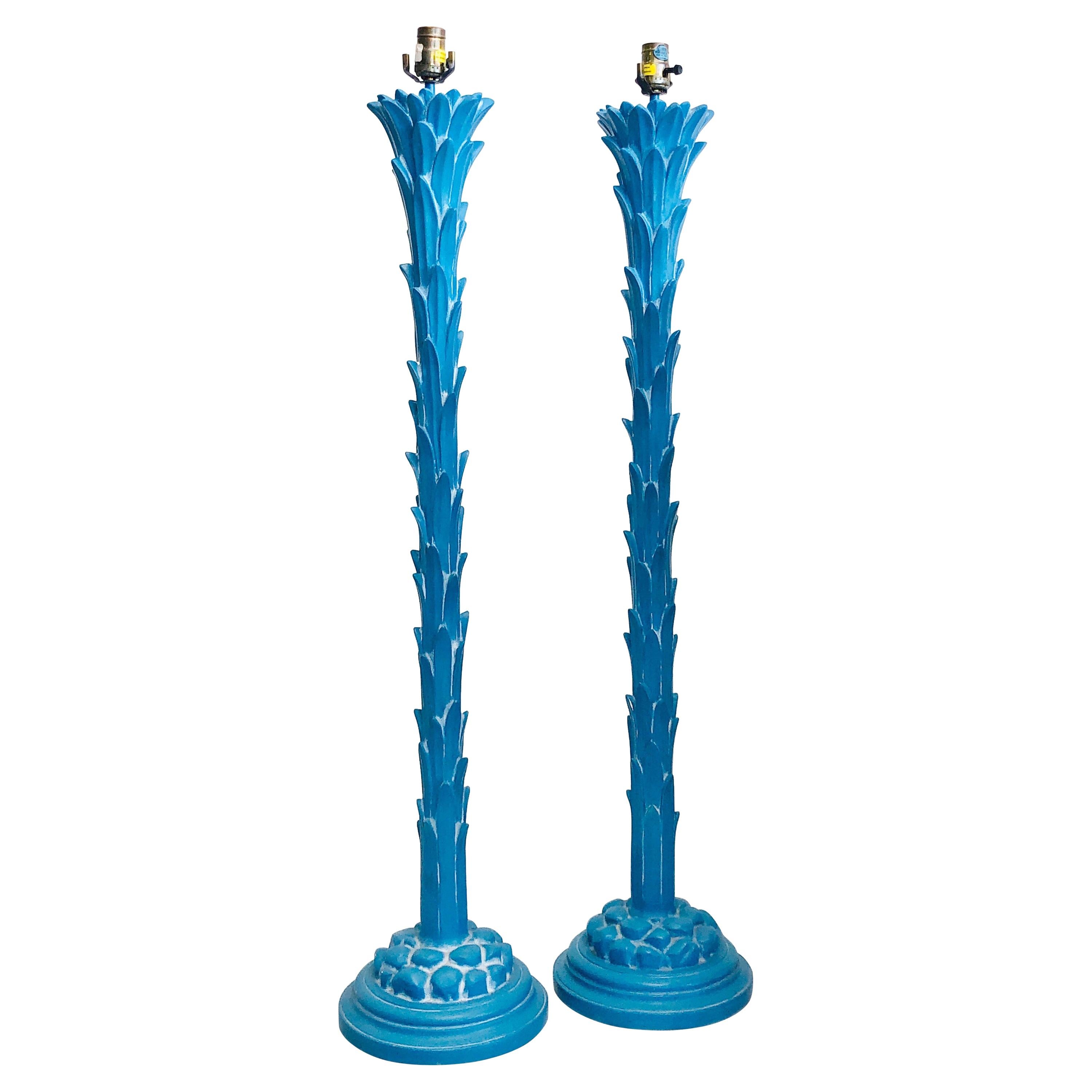 Pair of Chapman Blue Palm Floor Lamps Serge Roche Style