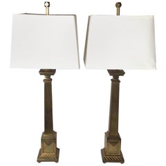 Pair of Chapman Cast Brass Cityscape Column Style Table Lamps