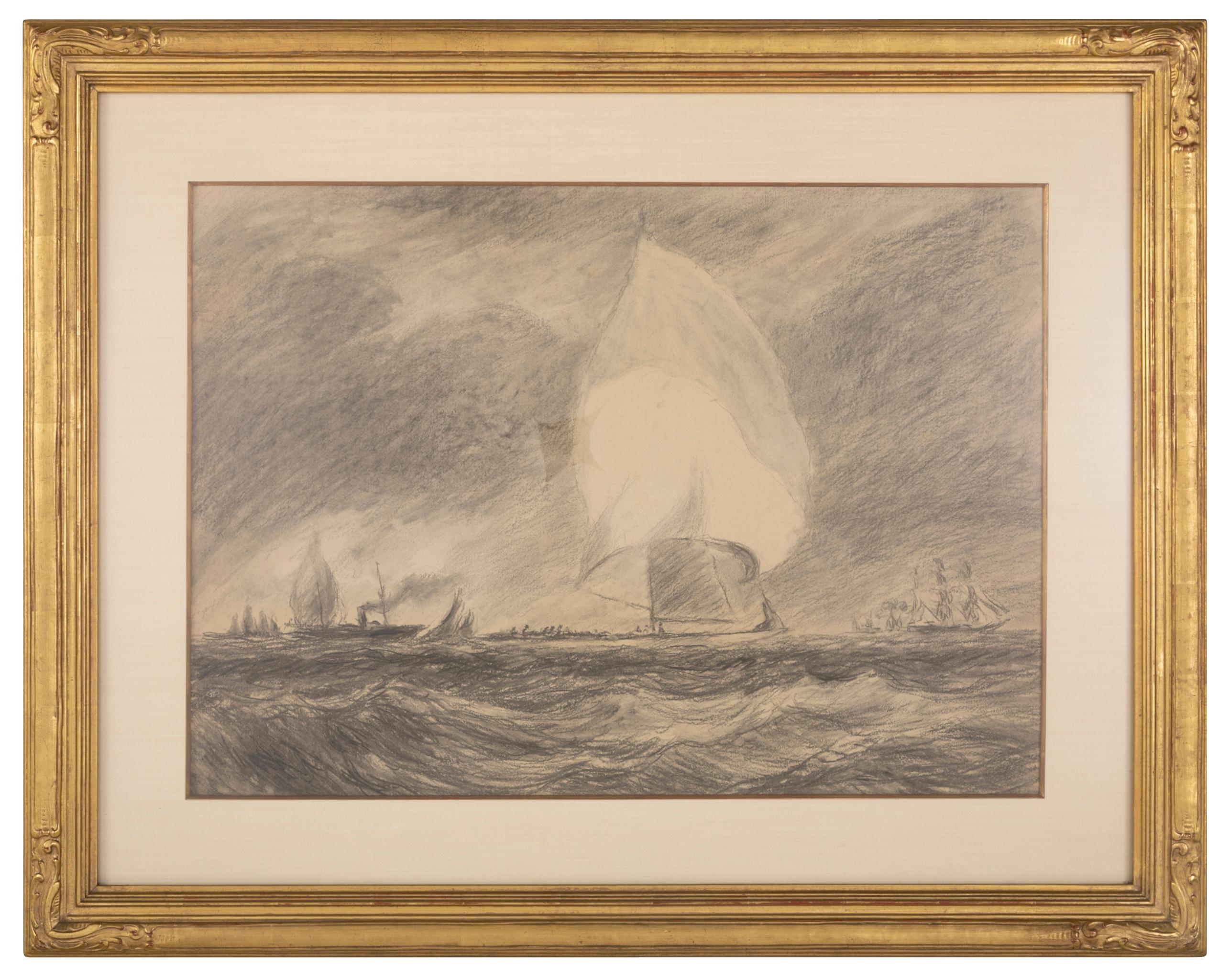 Outstanding pair of charcoal and crayon sketches by Reynolds Beal for his large America's Cup race paintings; circa 1930. Beal (1867-1951) was a famous American Impressionist painter known for his sailing and fishing paintings. He sketched as he