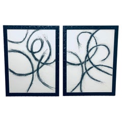 Pair of Charcoal Drawings in Black Lacquer Frames