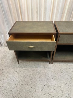 Pair of Charcoal Stingray Shagreen and Bronze Finish Framed Nightstands, PAIR