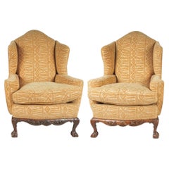 Pair of Charles & Charles Georgian Style Carved Mahogany Cut Velvet Wing Chairs
