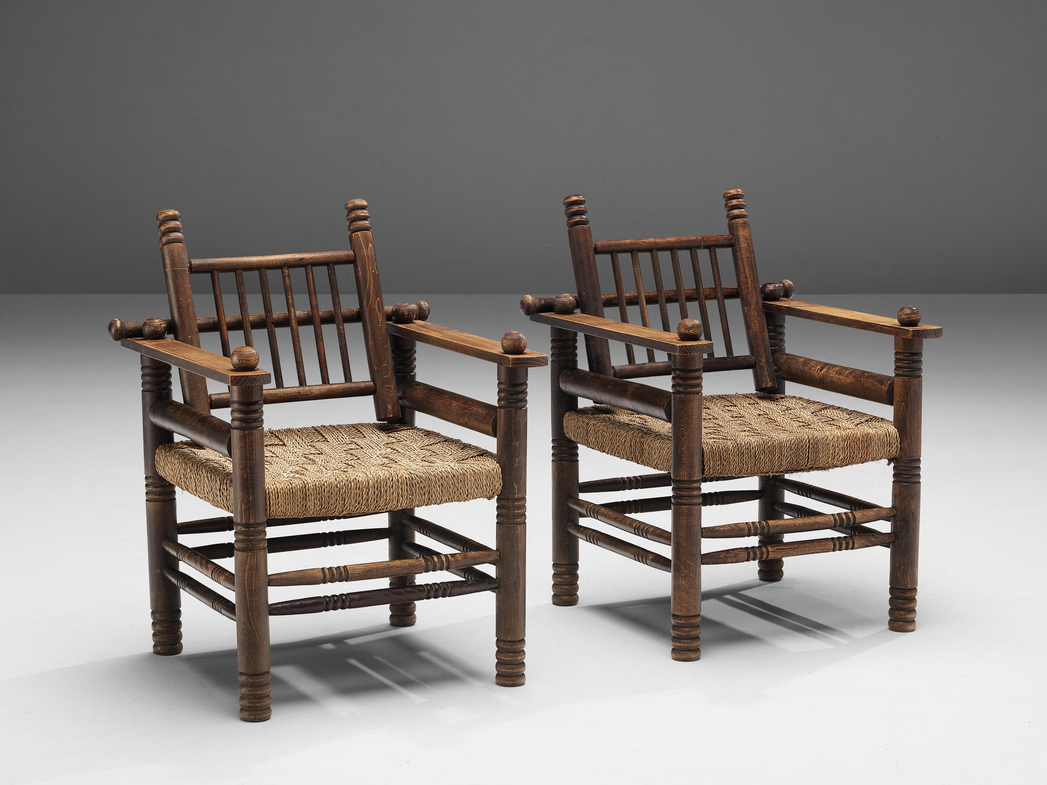 Pair of Charles Dudouyt Art Deco Lounge Chairs in Solid Oak and Papercord In Good Condition In Waalwijk, NL