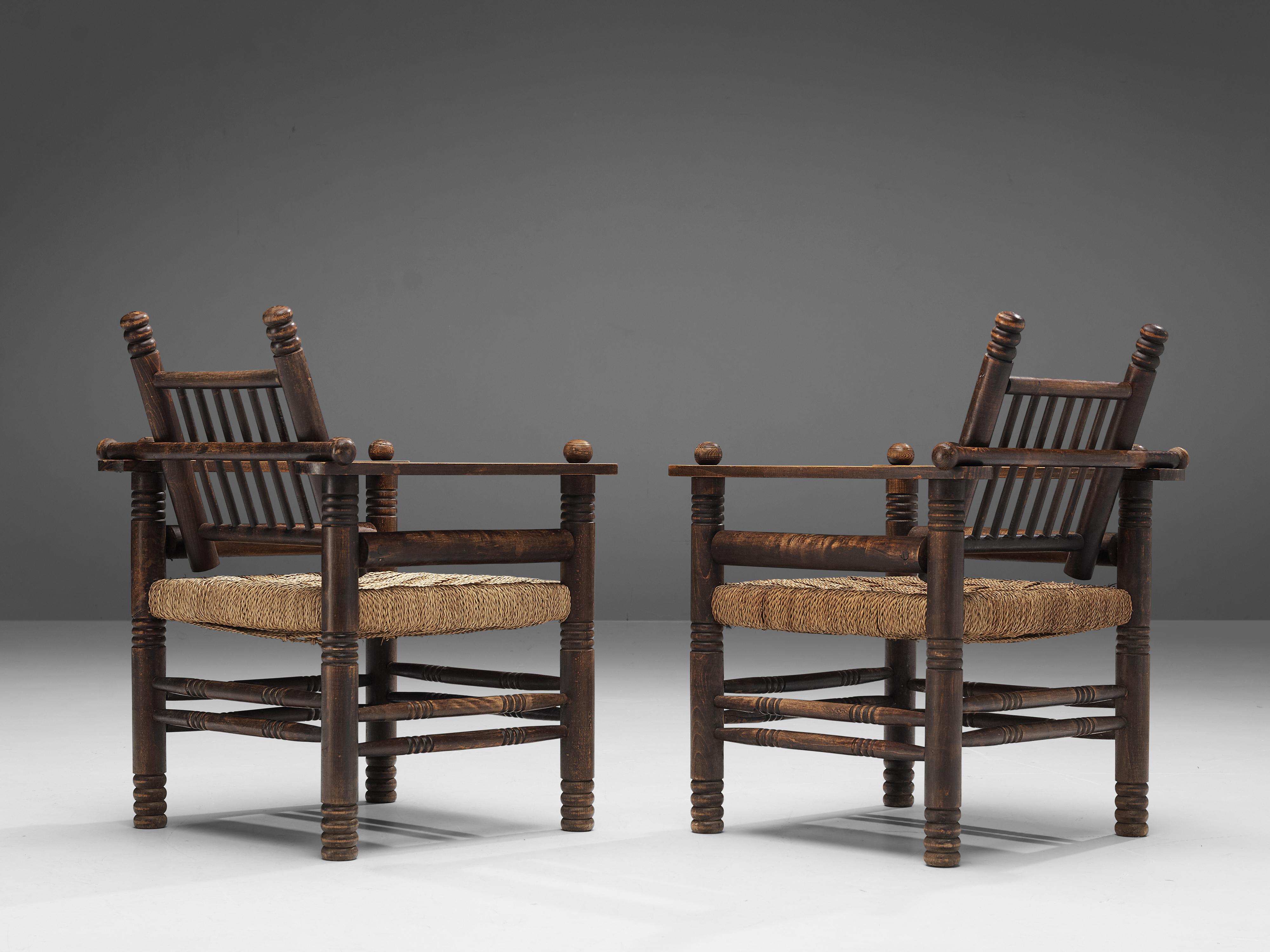 Pair of Charles Dudouyt Art Deco Lounge Chairs in Solid Oak and Papercord 1