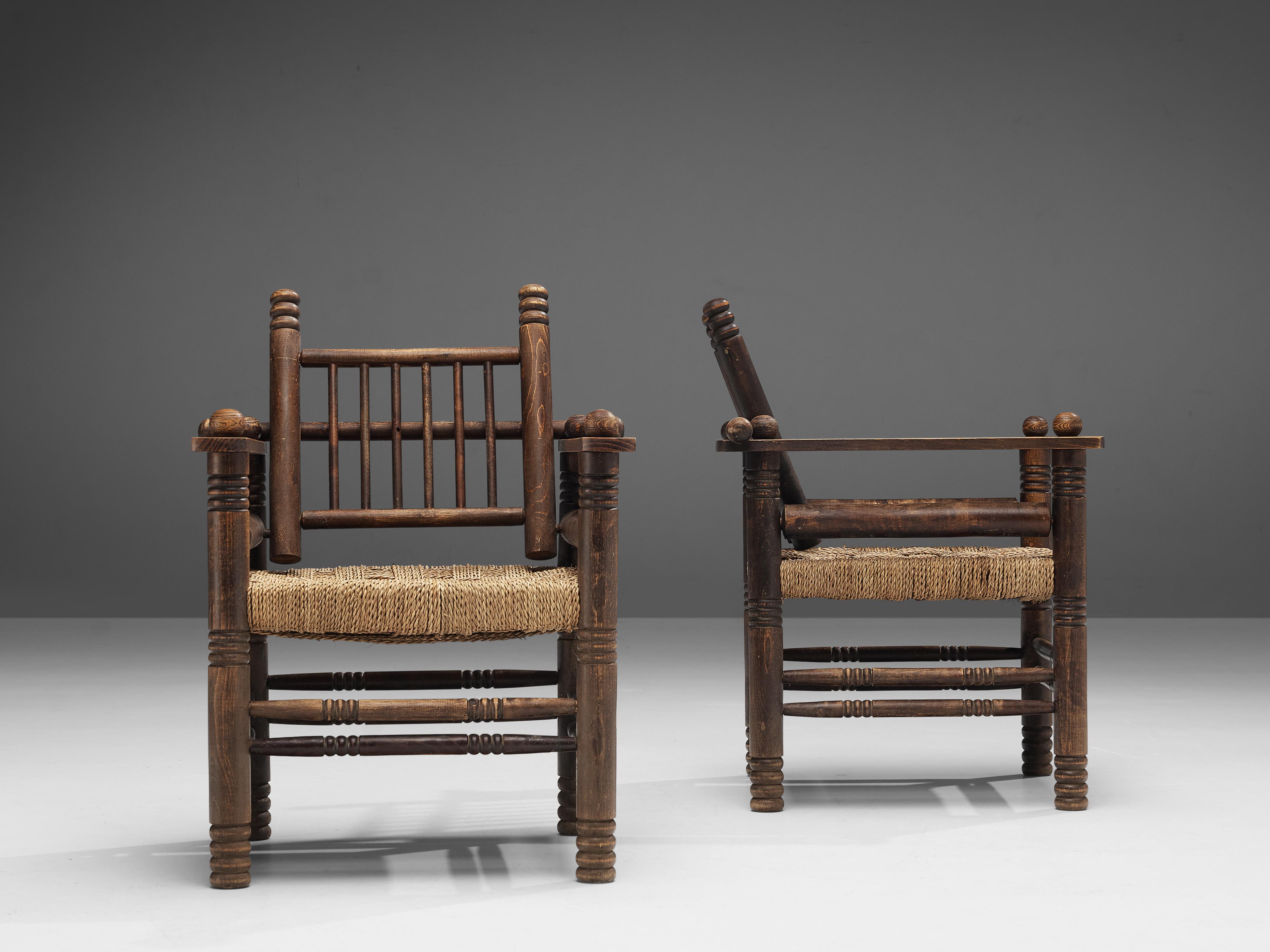 Pair of Charles Dudouyt Art Deco Lounge Chairs in Solid Oak and Papercord 3