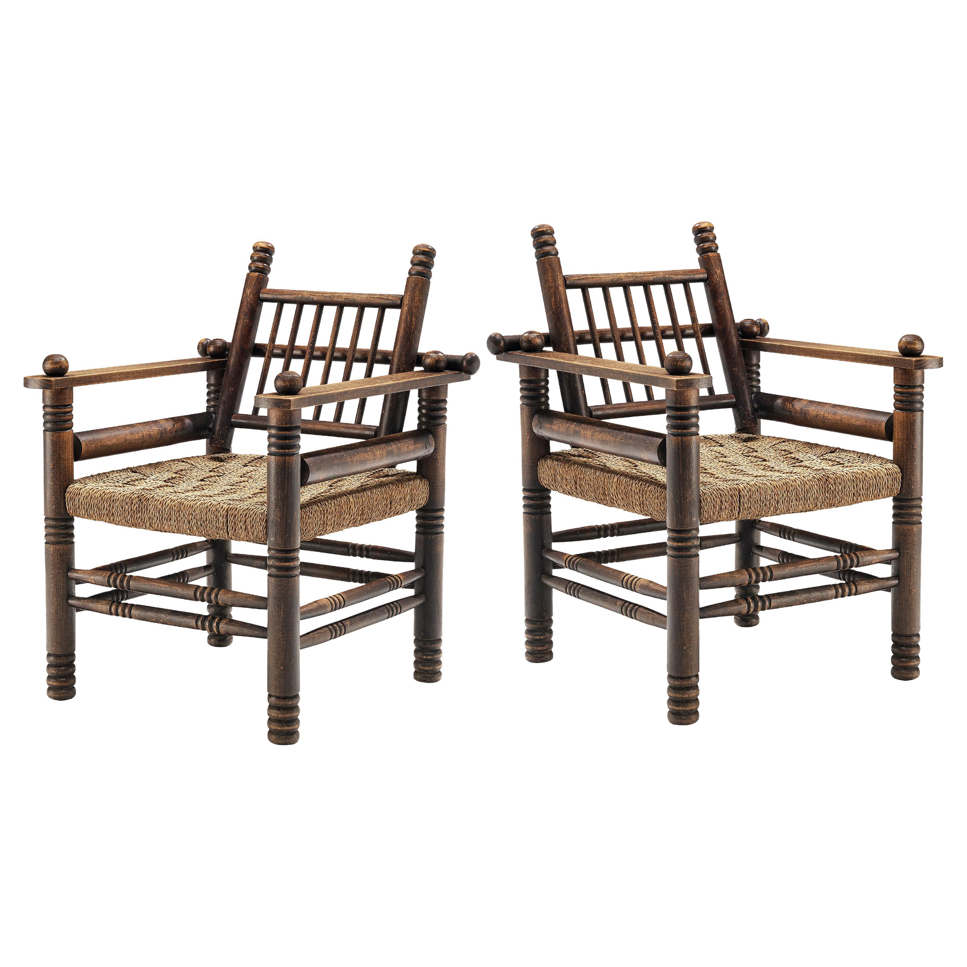 Pair of Charles Dudouyt Art Deco Lounge Chairs in Solid Oak and Papercord