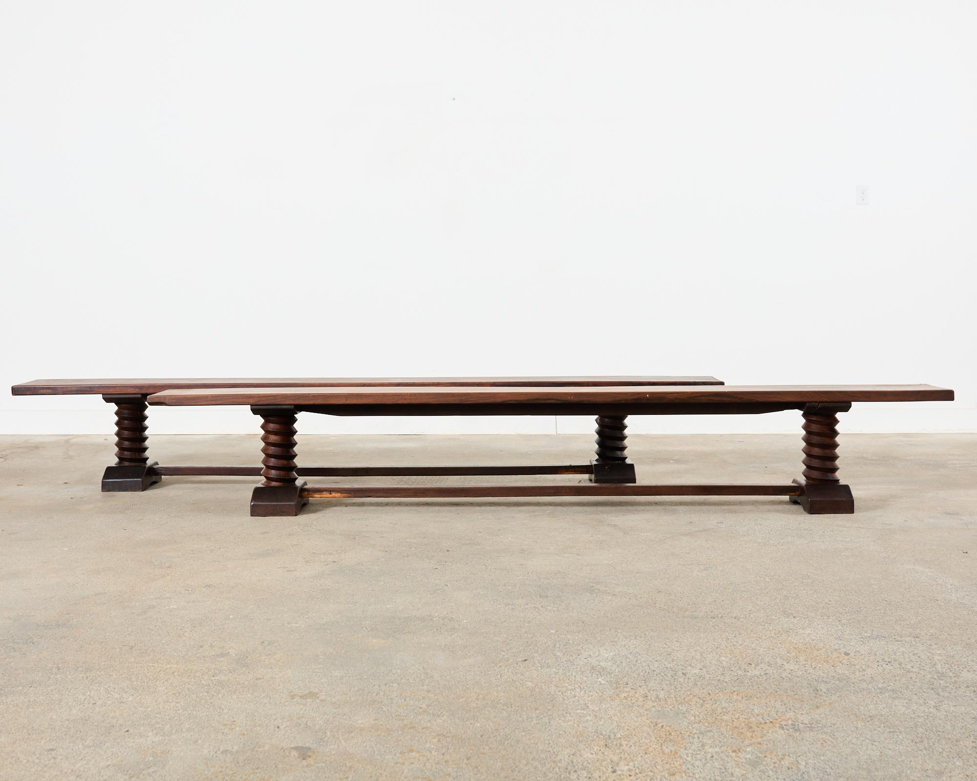 Mid-Century Modern Pair of Charles Dudouyt Attributed French Oak Corkscrew Benches For Sale