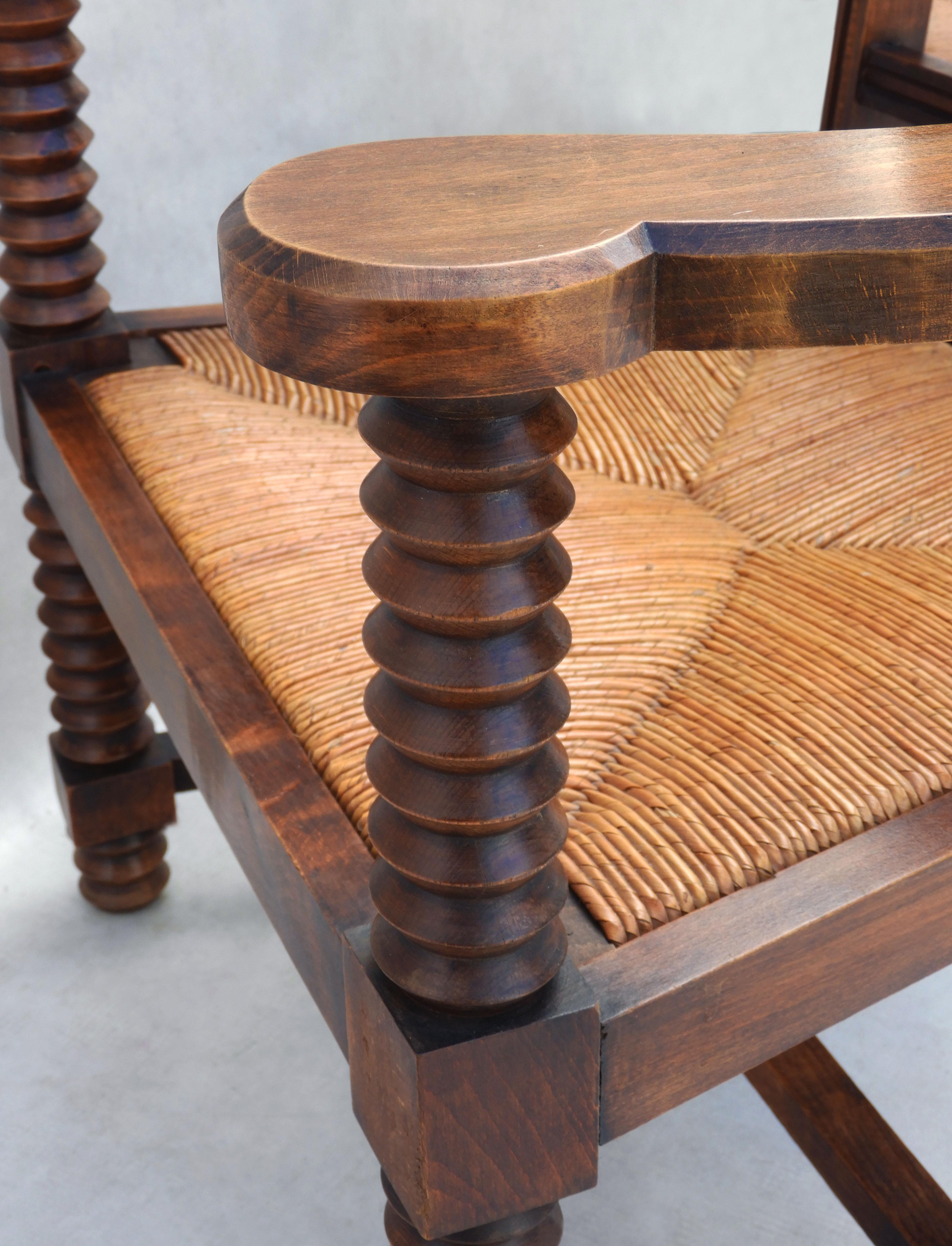 Pair of Charles Dudouyt French Oak and Rush Armchairs  C1940s 5