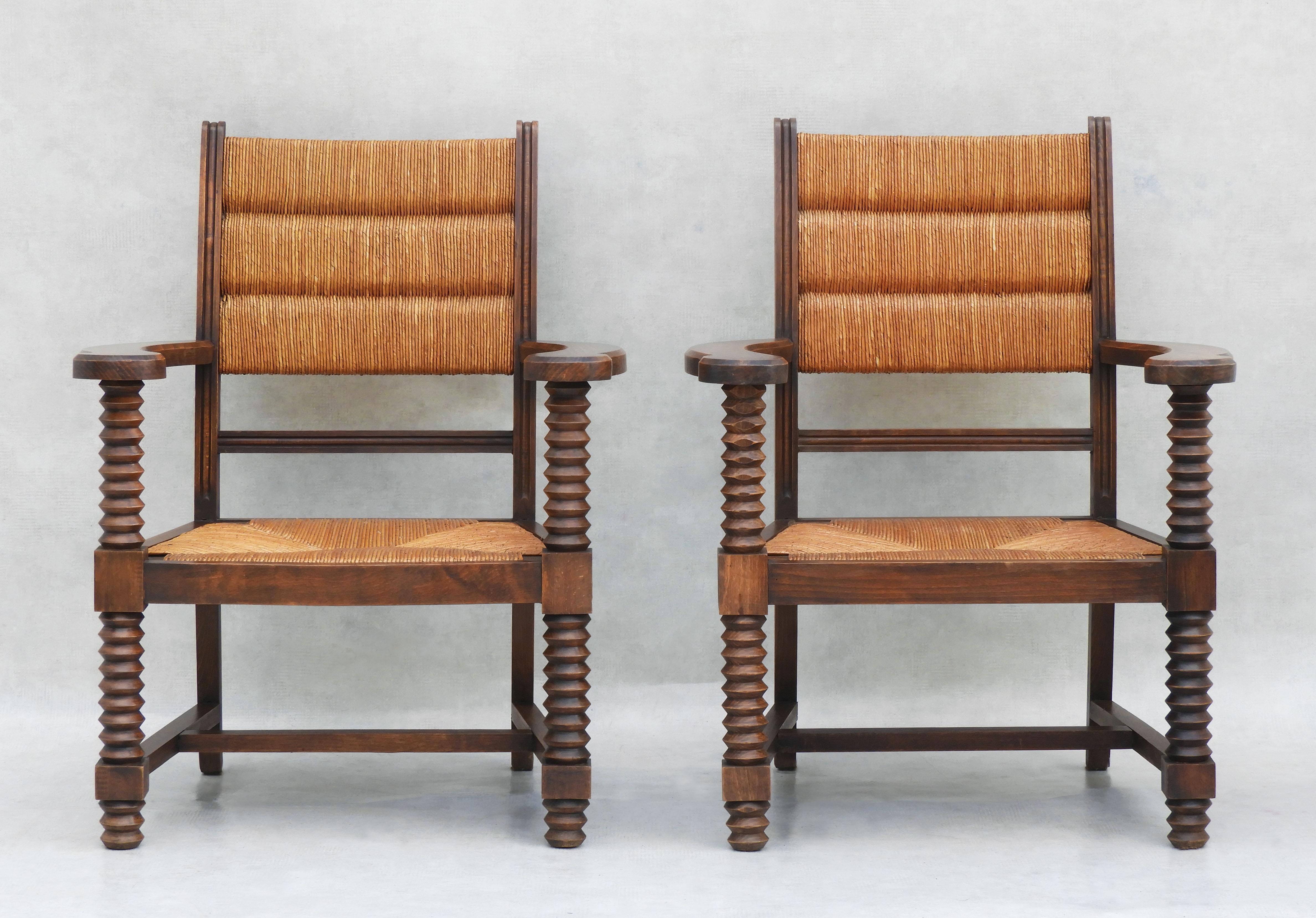 Pair of Charles Dudouyt French Oak and Rush Armchairs  C1940s 6
