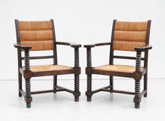 Pair of Charles Dudouyt French Oak and Rush Armchairs  C1940s