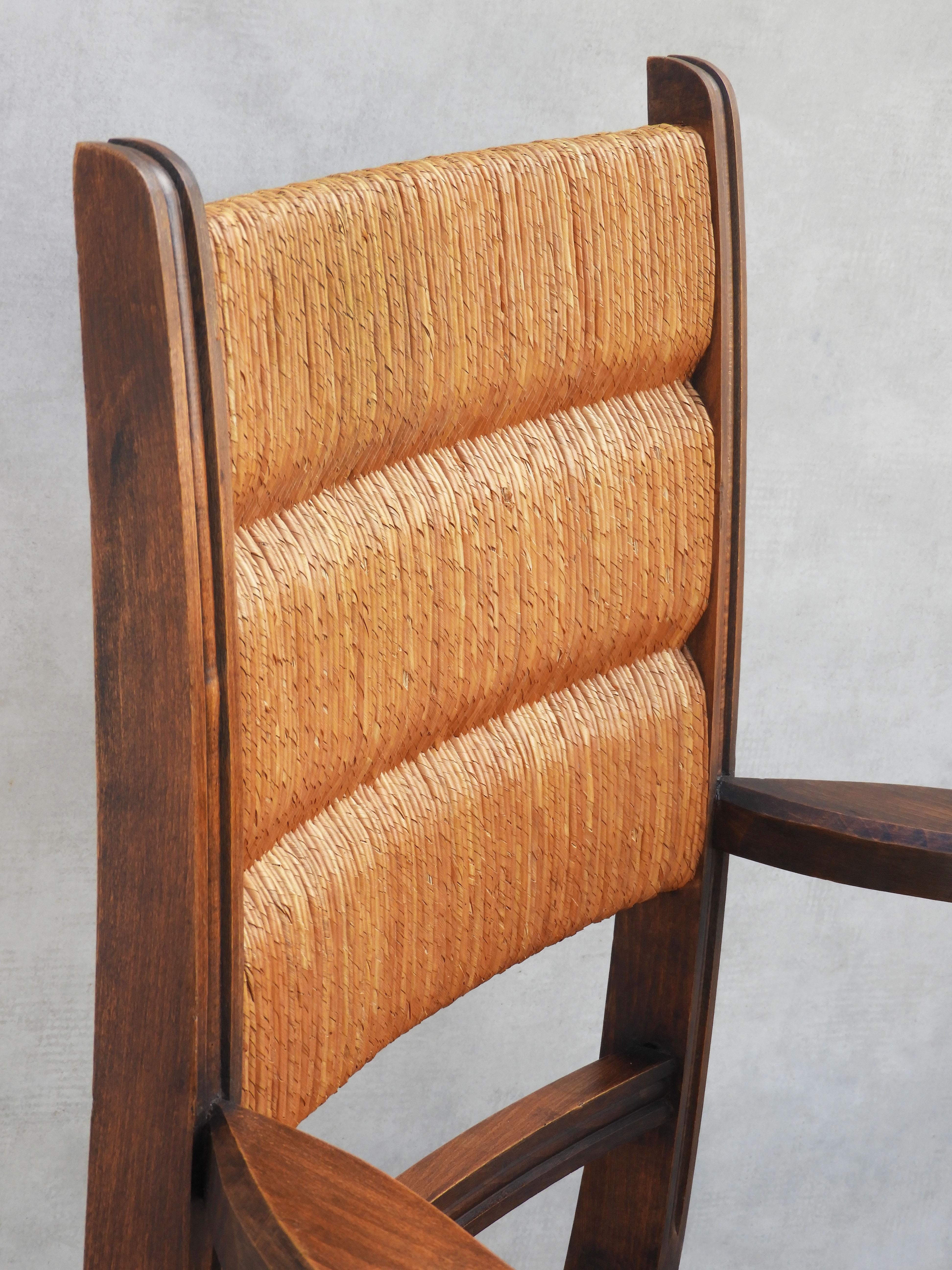 Turned Pair of Charles Dudouyt French Oak and Rush Armchairs  C1940s