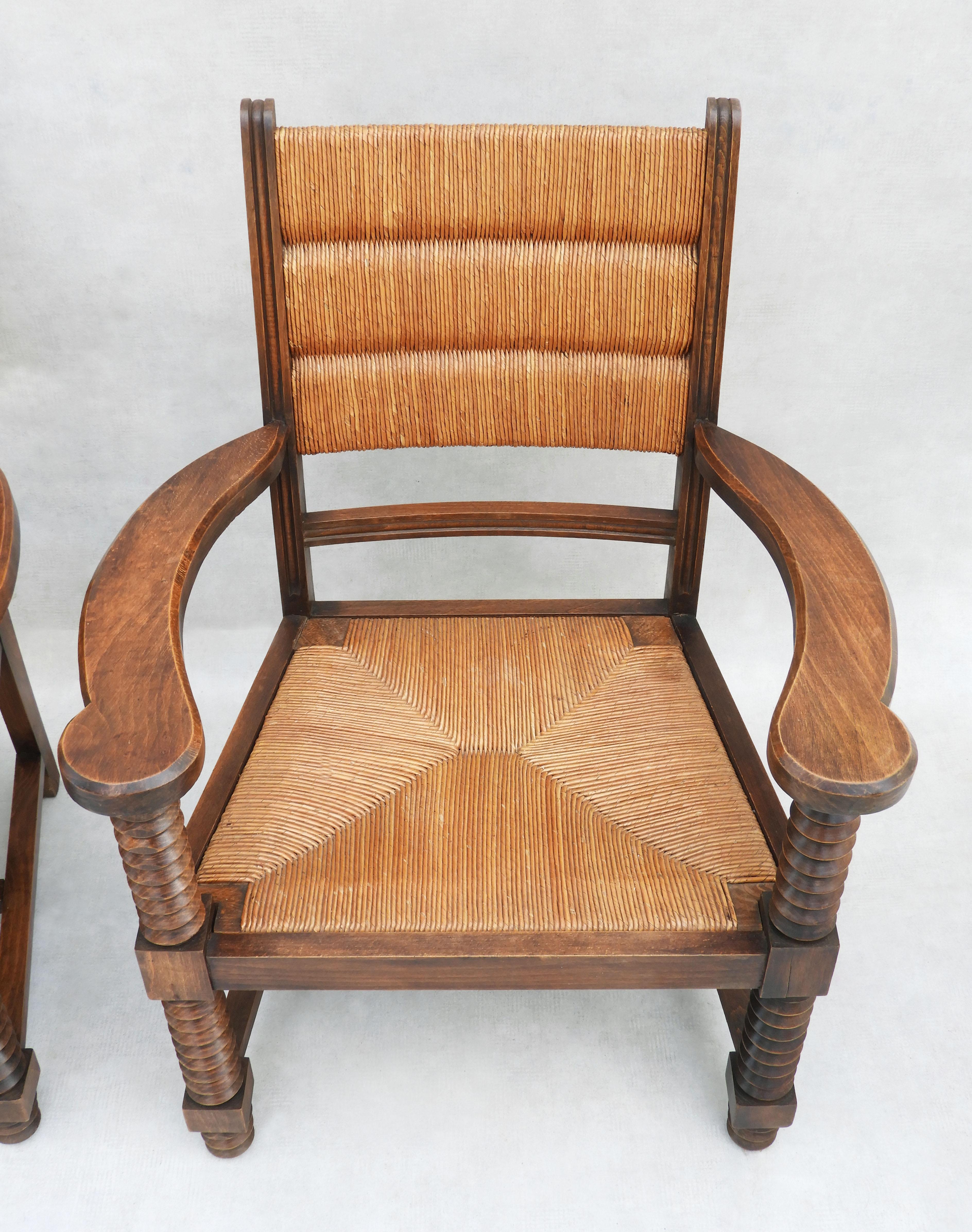 Pair of Charles Dudouyt French Oak and Rush Armchairs  C1940s In Good Condition In Trensacq, FR