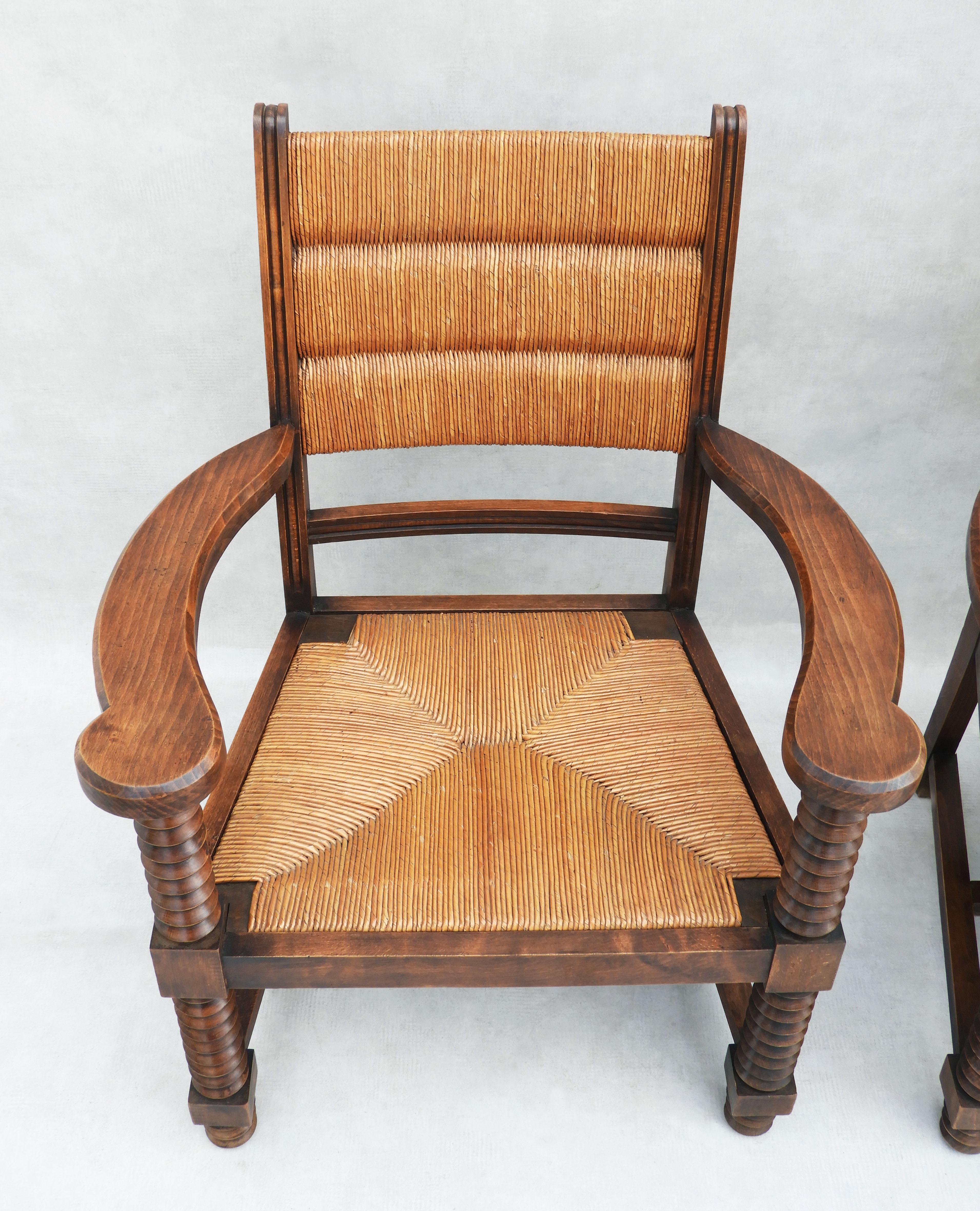 20th Century Pair of Charles Dudouyt French Oak and Rush Armchairs  C1940s
