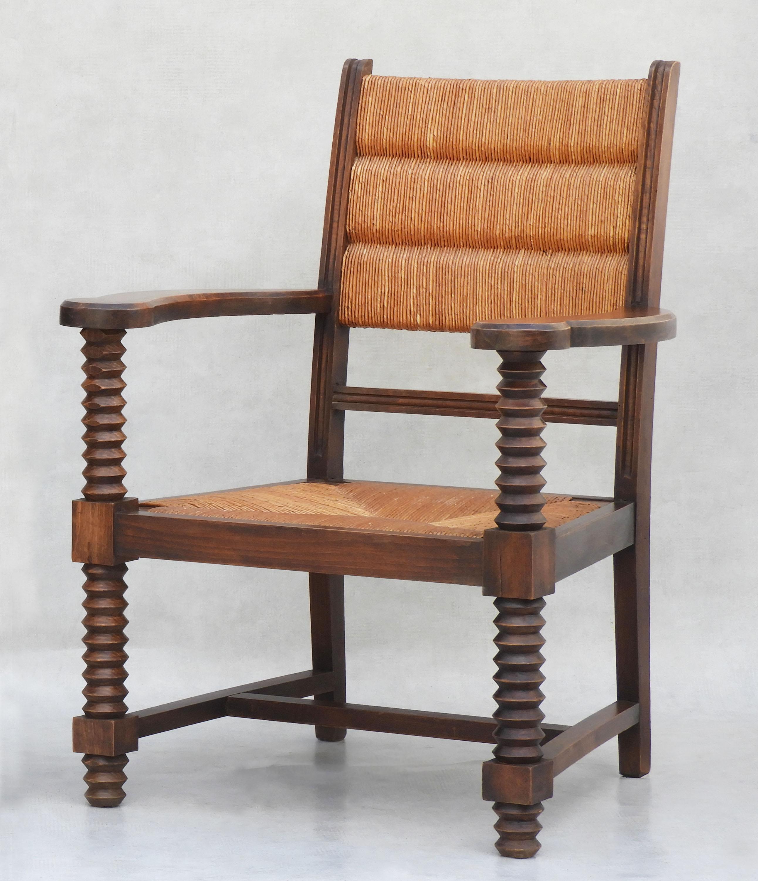 Pair of Charles Dudouyt French Oak and Rush Armchairs  C1940s 1