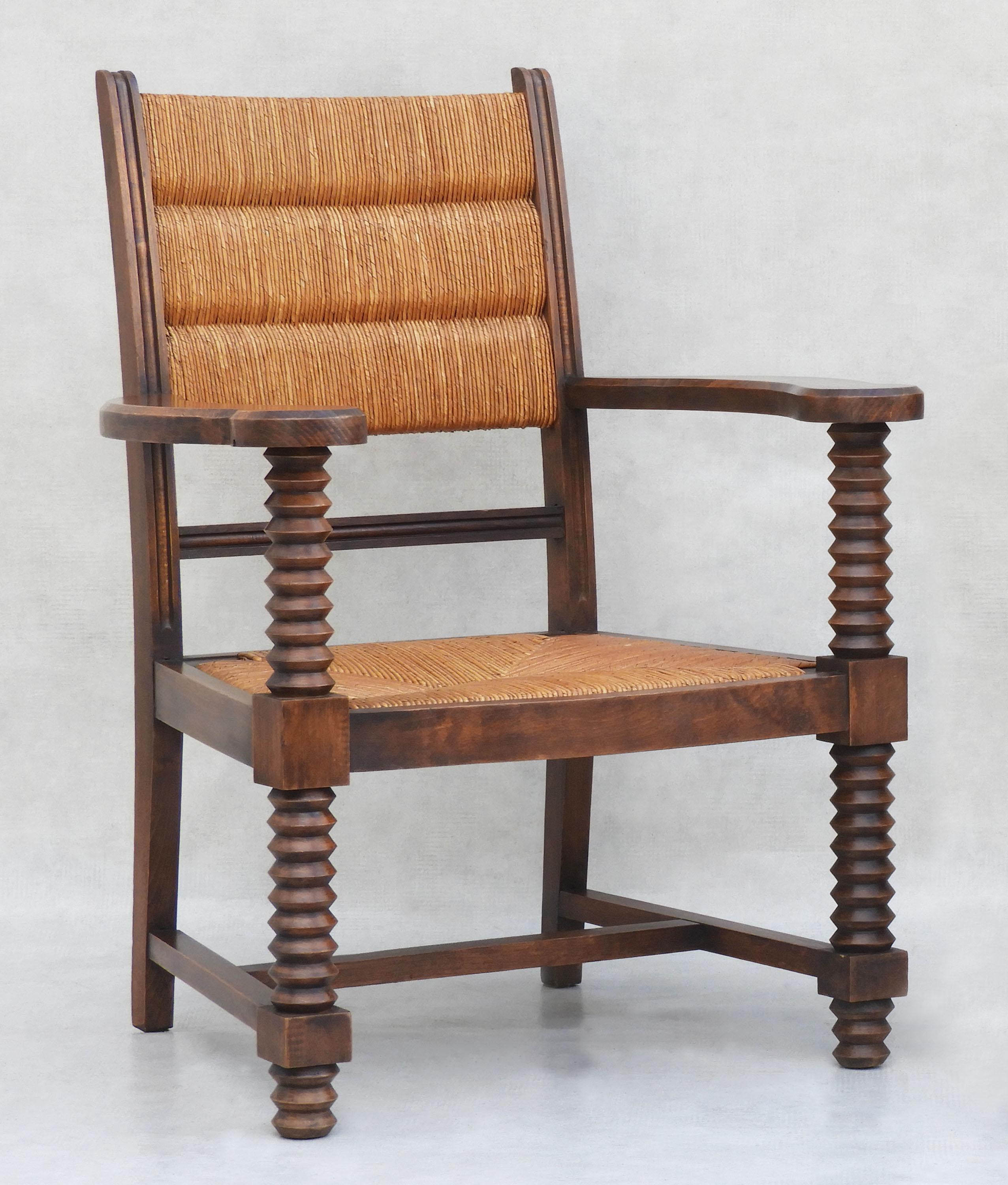 Pair of Charles Dudouyt French Oak and Rush Armchairs  C1940s 2