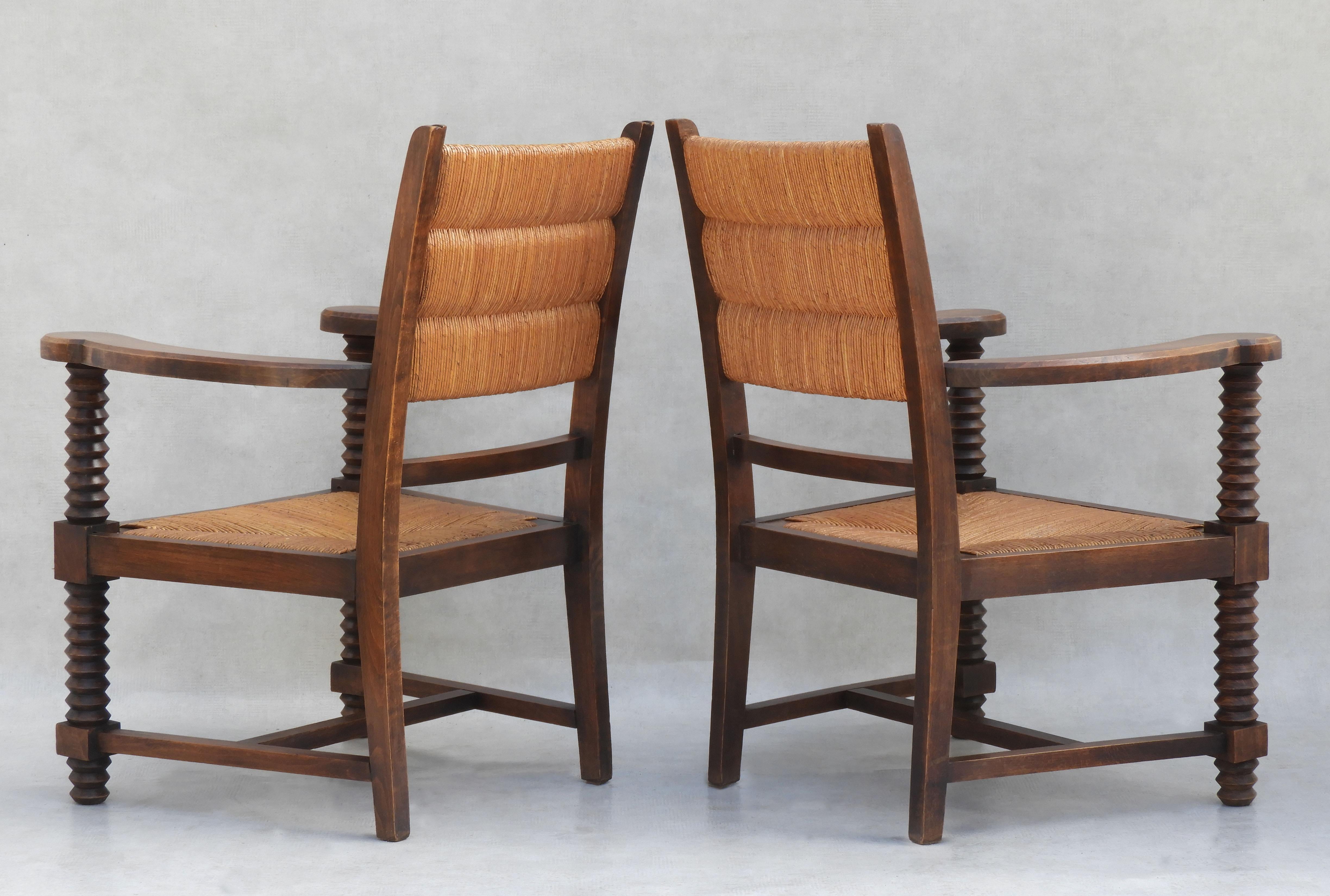Pair of Charles Dudouyt French Oak and Rush Armchairs  C1940s 3