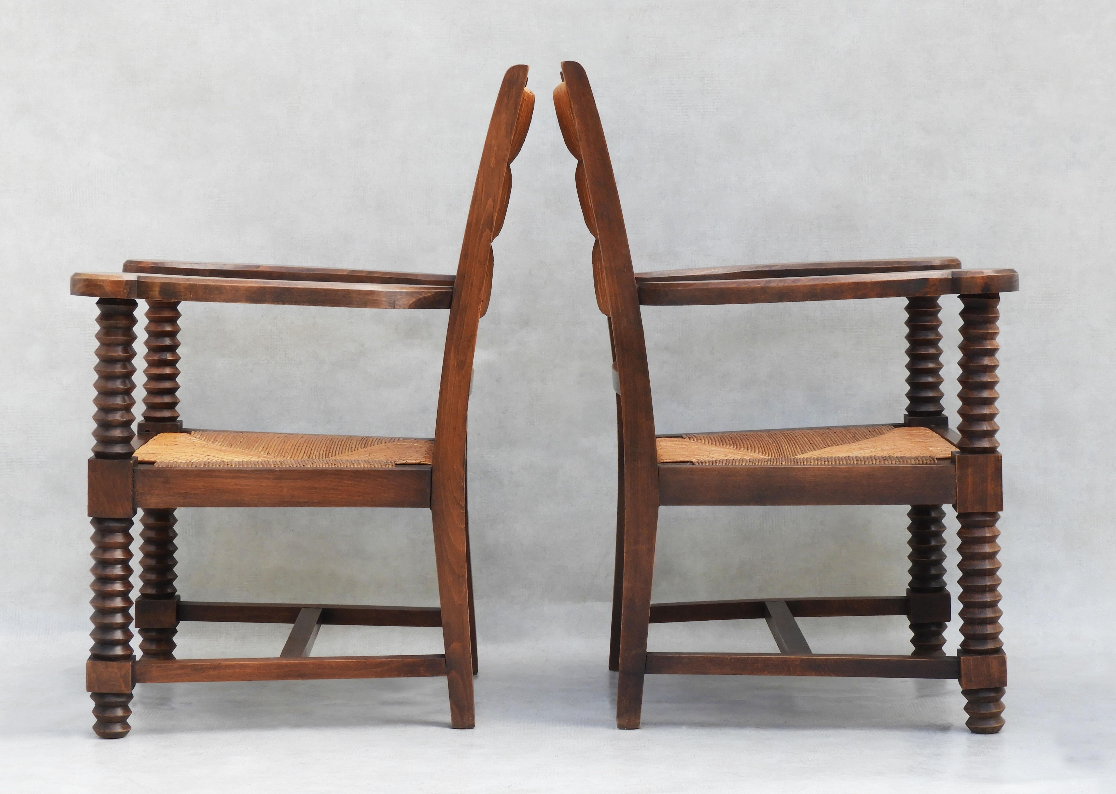 Pair of Charles Dudouyt French Oak and Rush Armchairs  C1940s 4