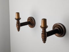 Pair of Charles Dudouyt French Turned Wood Wall Sconces, 1940s