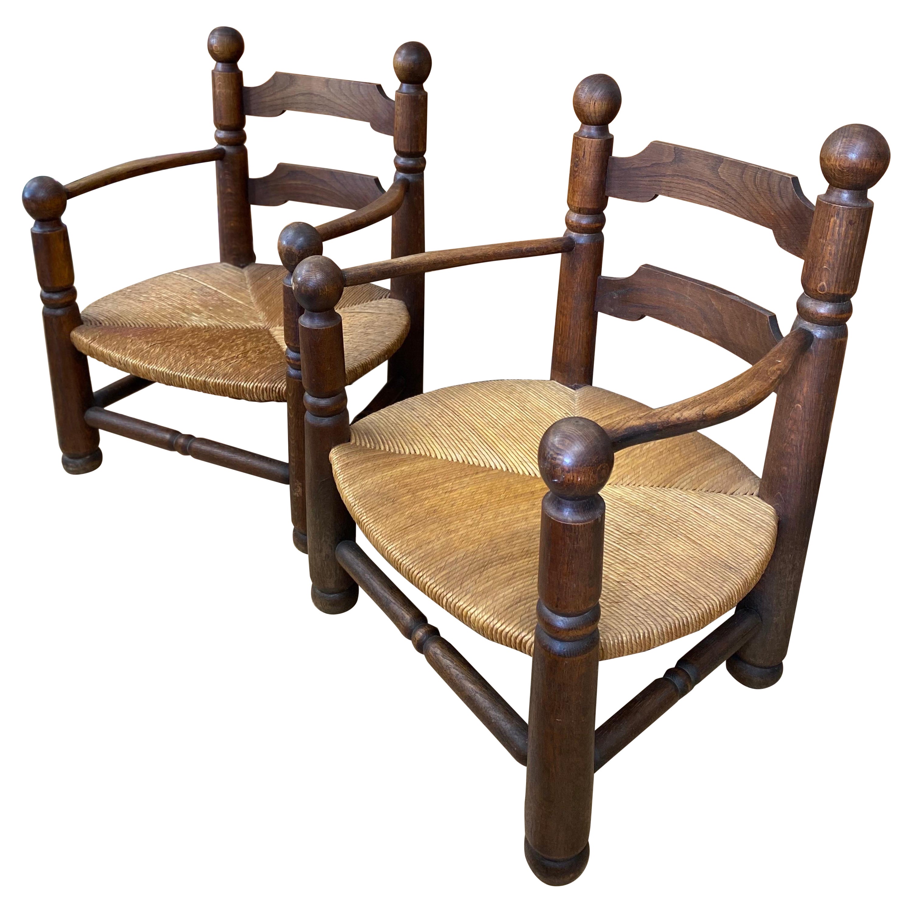 Pair of Charles Dudouyt Low Oak Armchairs with Rush Seats