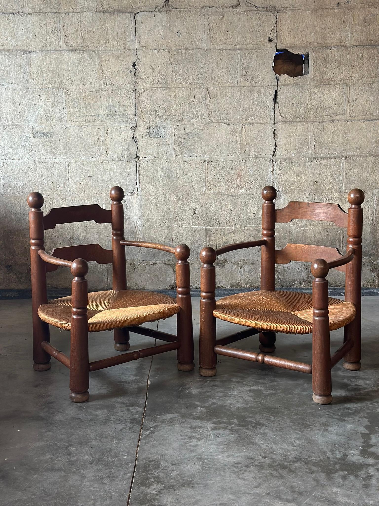 French Pair of Charles Dudouyt Low Rushed Easy Armchairs, Set of 2 For Sale