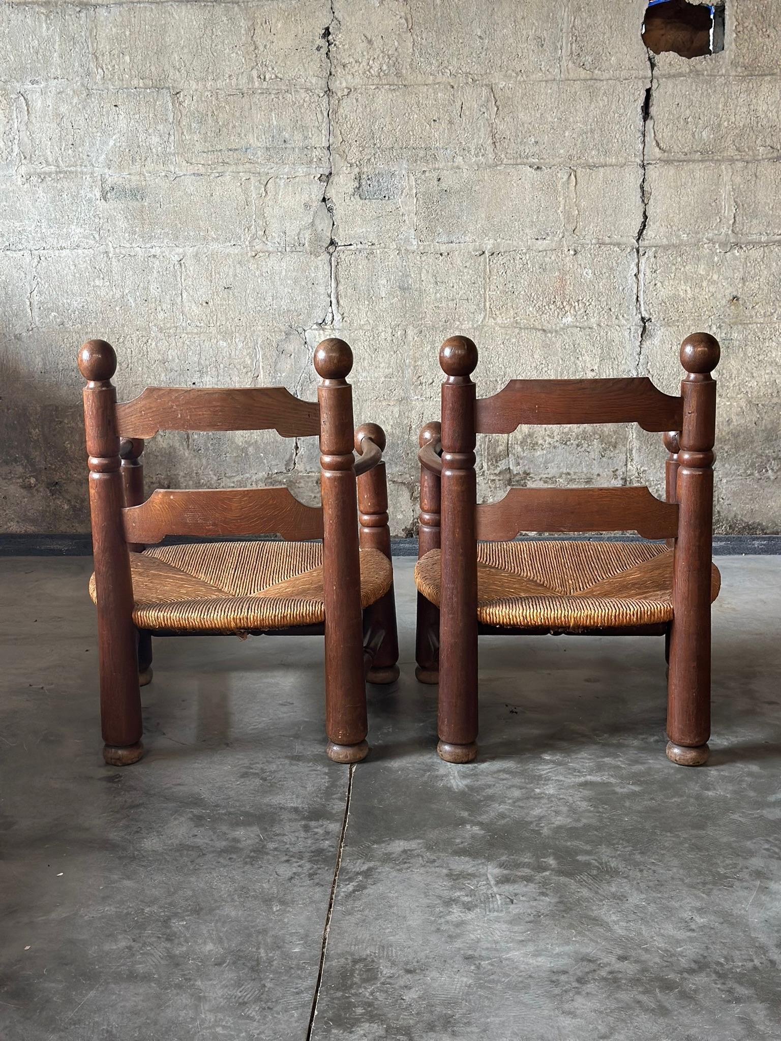 Mid-20th Century Pair of Charles Dudouyt Low Rushed Easy Armchairs, Set of 2 For Sale