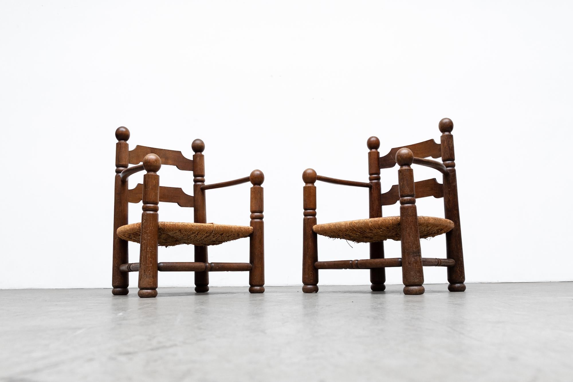 Pair of Charles Dudouyt Oak and Papercord Arm Chairs 1